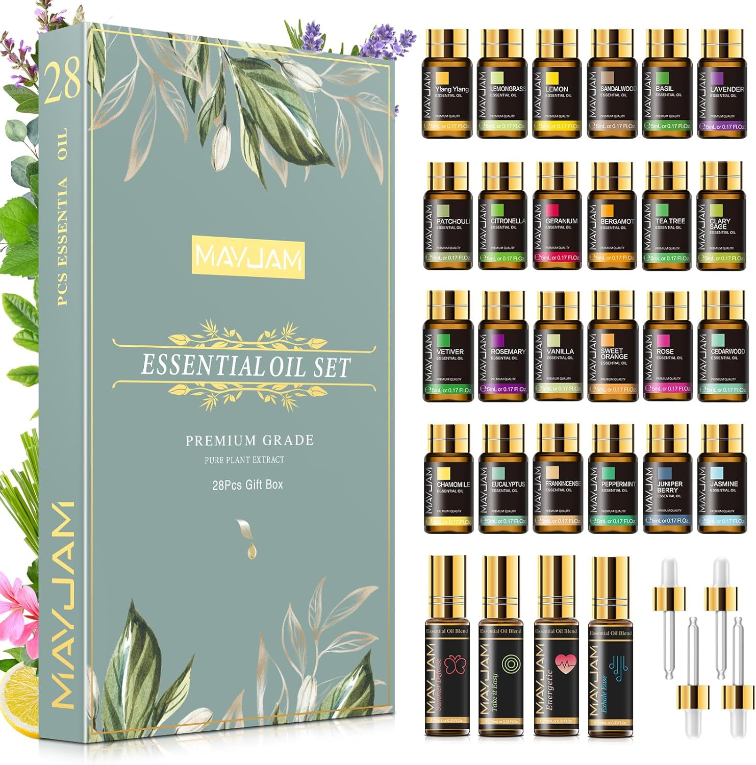 MAYJAM Essential Oils Set 28 - Essential Oils Gift Set for Humidifier, Diffusers, DIY, Home, 24 Single Essential Oil + 4 Blends Essential Oil
