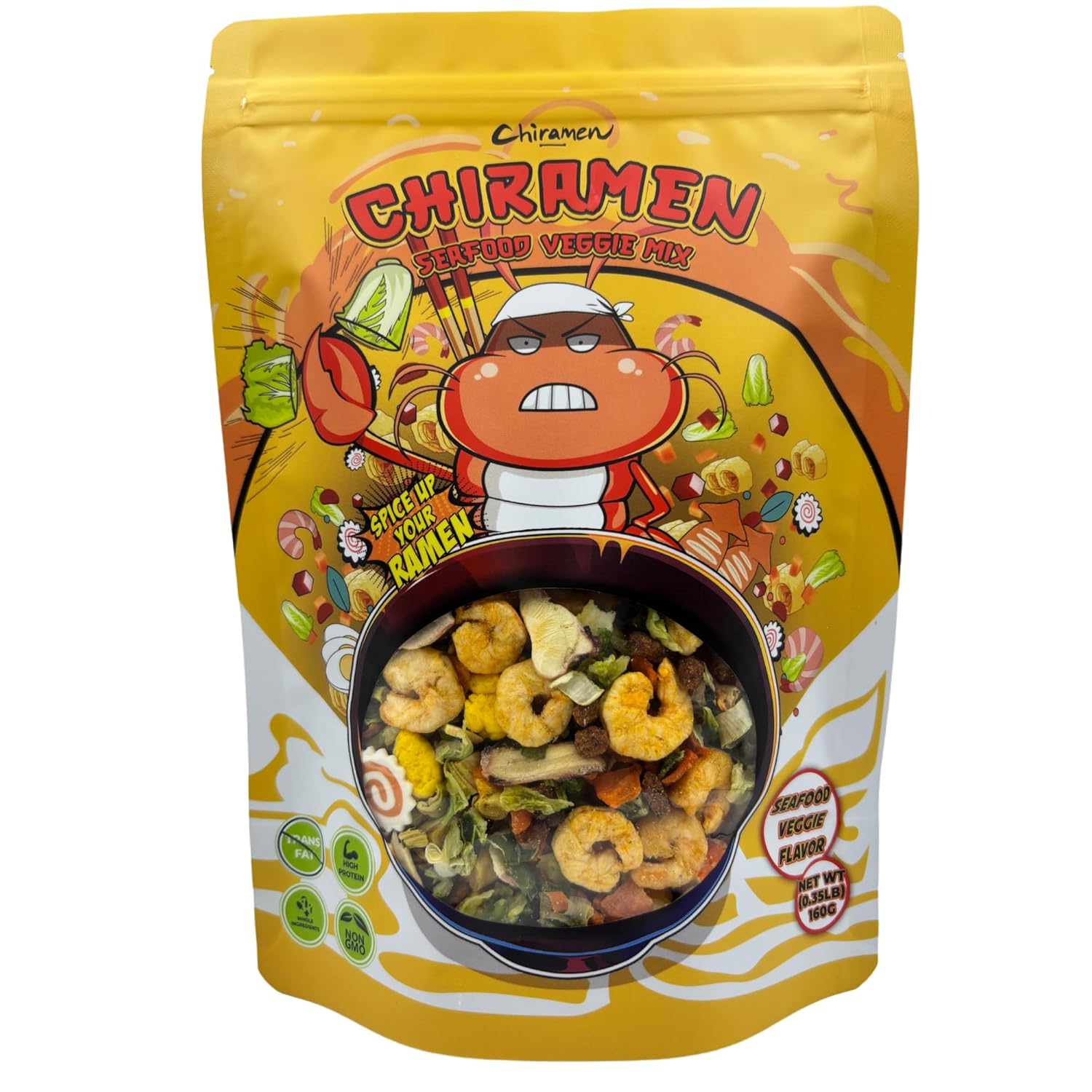 CHIRAMEN Seafood Veggie Mix Dried Ramen Toppings, Shrimp, Fishcake, Imitation Crab, Squid, Plant-Based Beef, Eggs, Cabbage, Shallot, Carrot, Perfect for Cup Ramen Noodles