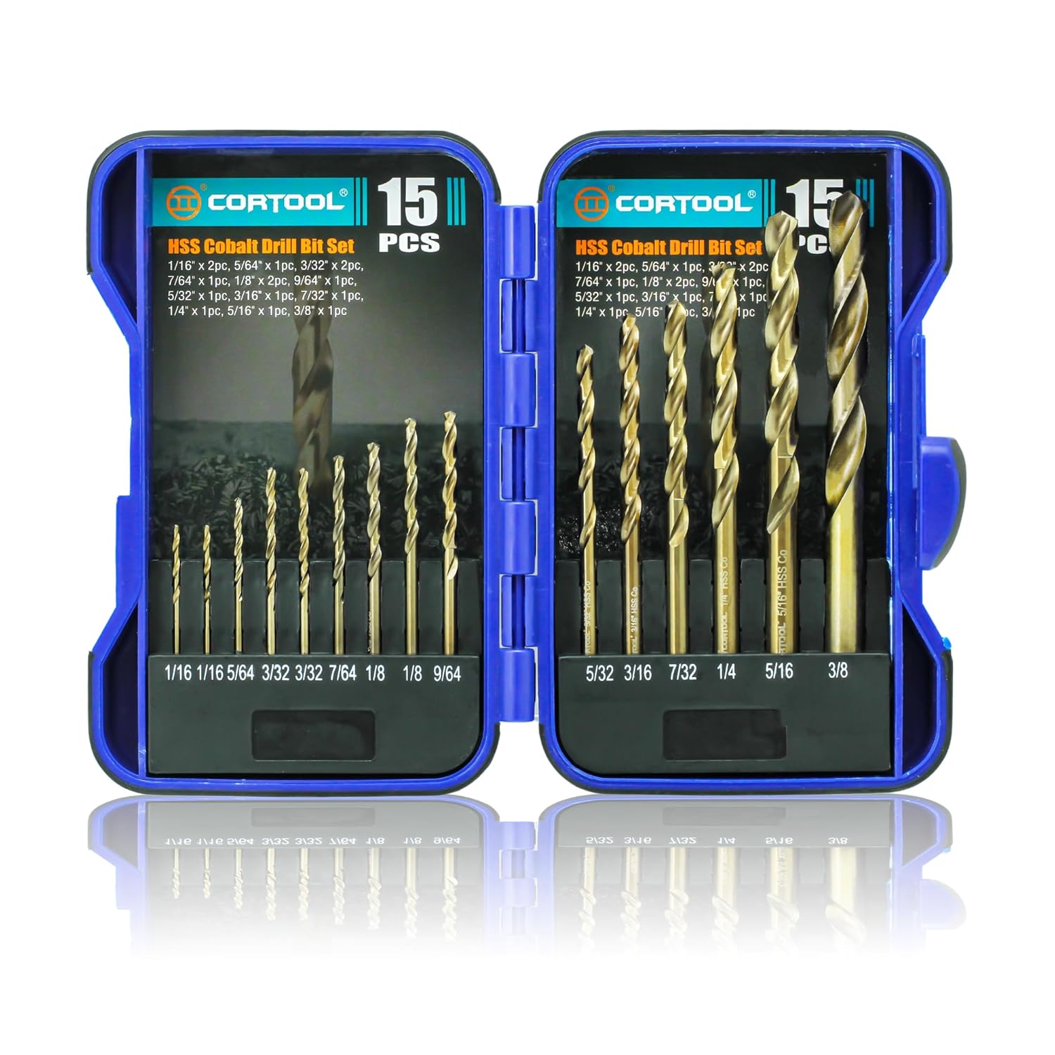 Cobalt Drill Bit Set, 15pcs Twist Jobber Length Drill Bit Kit for Hardened Metal, Cast Iron, Stainless Steel, Plastic and Wood, with Indexed Storage Case 1/16"-3/8", M35 HSS, 135 Degree Tip