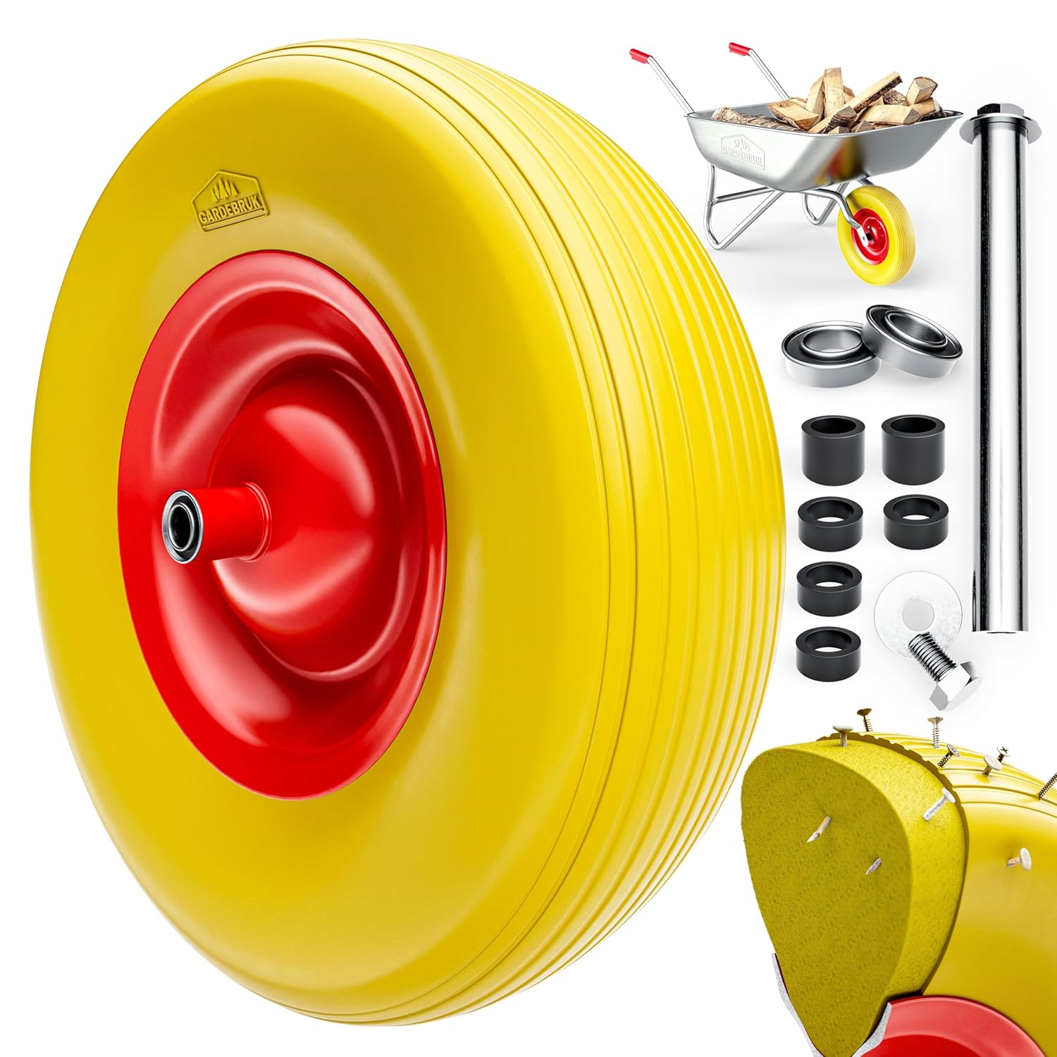 Gardebruk® Replacement Wheelbarrow Wheel | 15' With Solid PU Rubber Tyre | Puncture-Proof | 4.80/4.00-8 | 390mm Diameter 95mm Wide | 200kg Capacity | Spare Tyre | Red Yellow