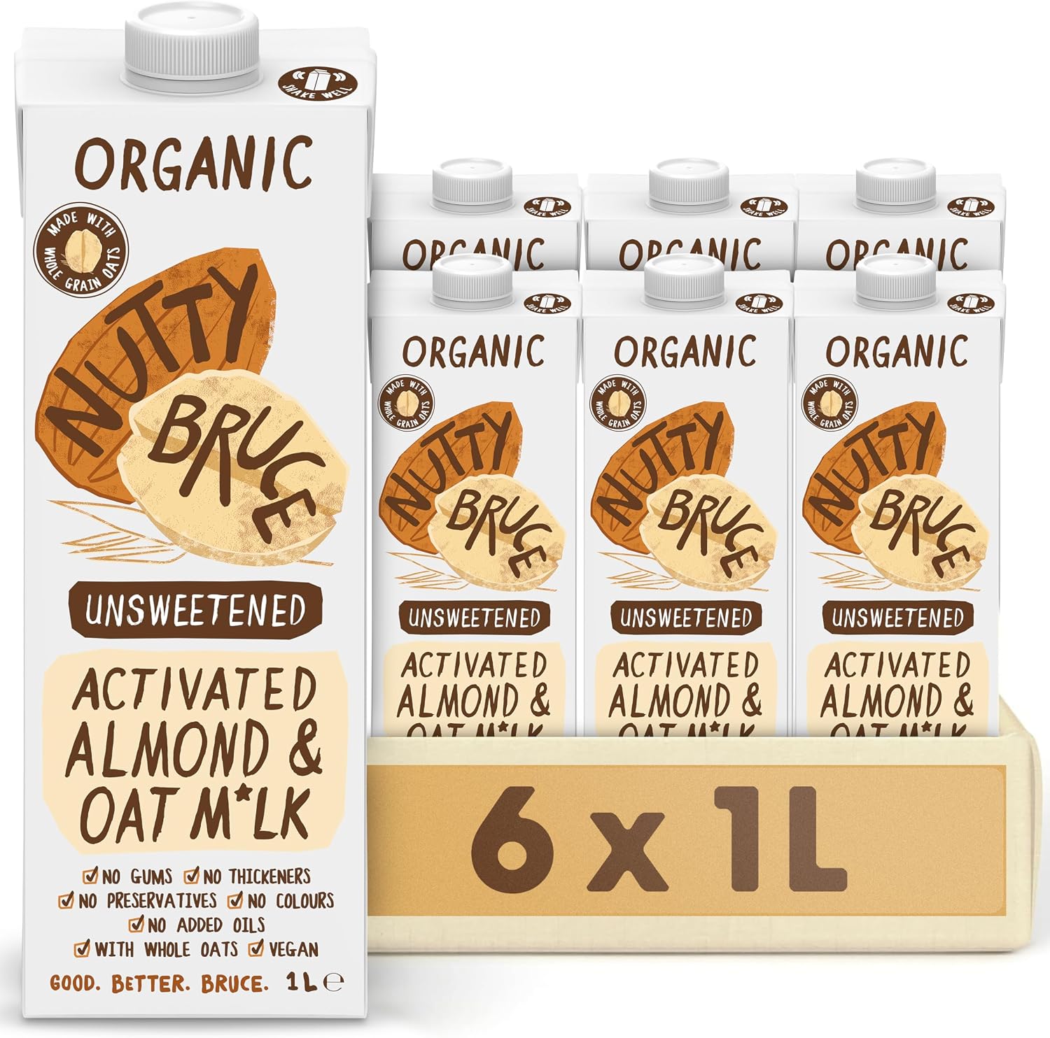 Nutty Bruce - Unsweetened Activated Oat & Almond Milk - Certified Organic & Vegan Alternative Milk, No Preservatives or Added Oils, Lactose Free, Dairy Free, Soy Free - 6 pack x 1L