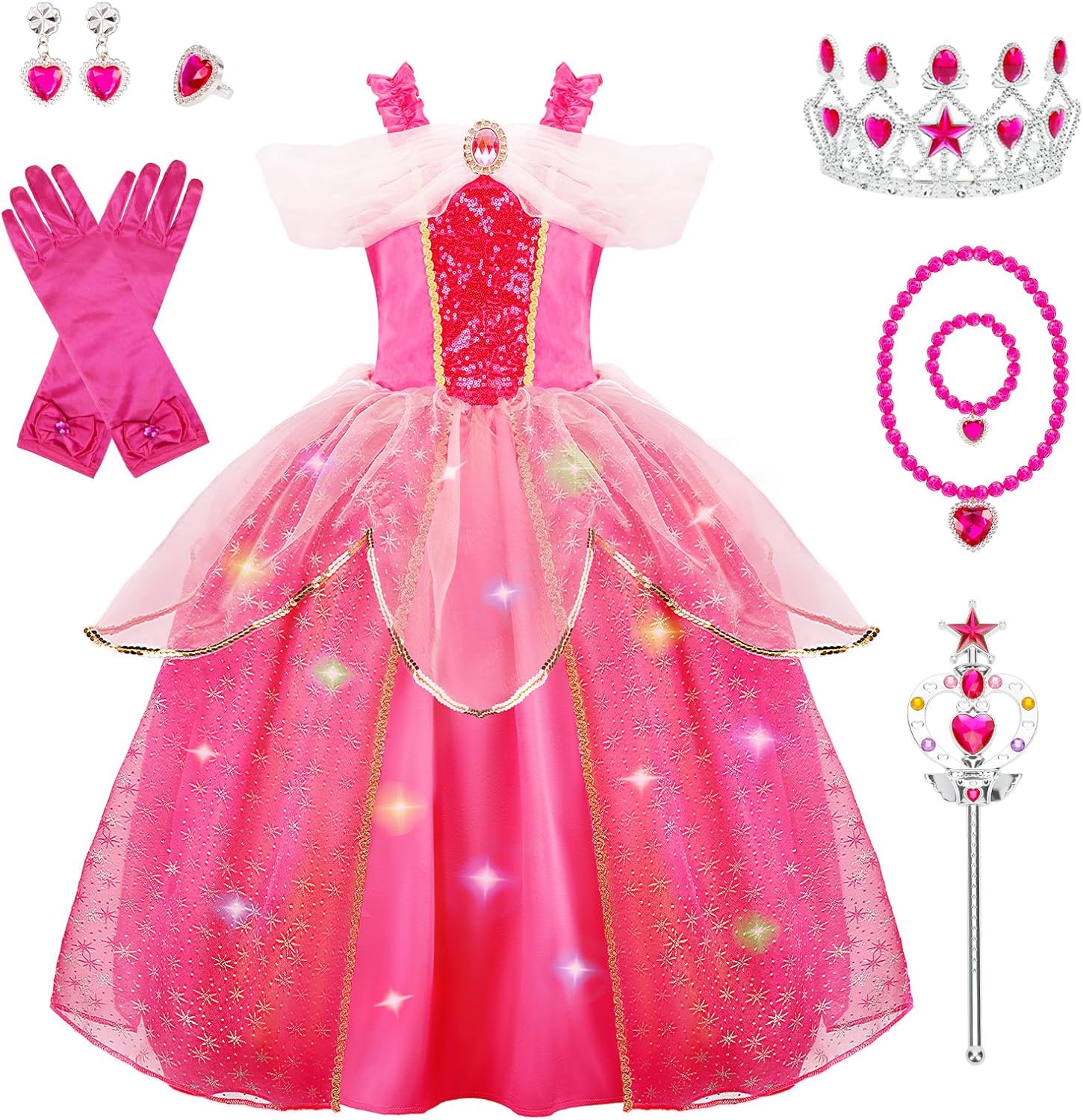 MELAND Princess Costumes for Girls, Sleeping Light Up Princess Dress Up for Girls Age 3-10 Years, Rose Pink Fancy Dress for Kids & Toddlers Halloween Costumes