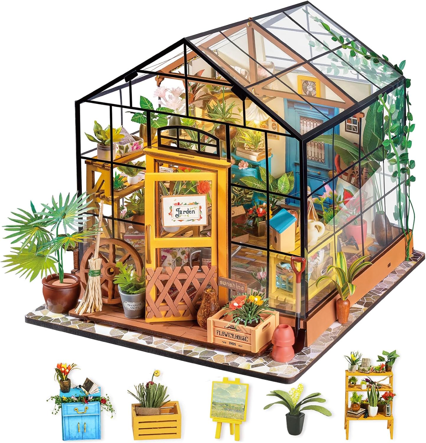 Rolife DIY Miniature House Kit-Mini Diorama 1/18 Greenhouse Dollhouse Building Kit with LED, Crafts for Adults Christmas Birthday Gift for Boys Girls Mom Home Decor (Cathy's Flower House)