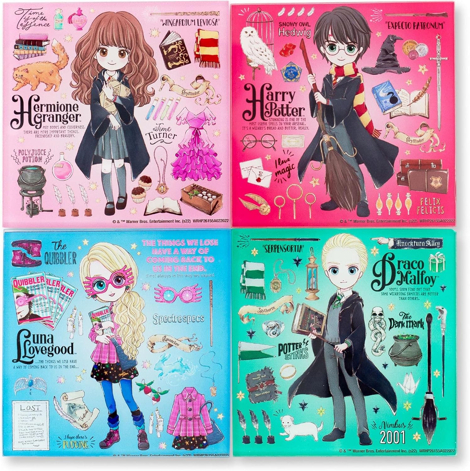 Harry Potter Magical Characters Glass Coasters for Drinks, Set of 4 | Tabletop Protection For Home Kitchen, Dining Room Table