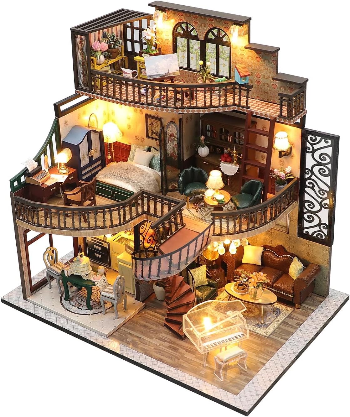 DIY Miniature Doll House Kit, with Dust Cover Dream Building Pavilion Dollhouse Building Set with LED Light, Mini House Making Kit with Furnitures Hobby Craft Gifts for Adults