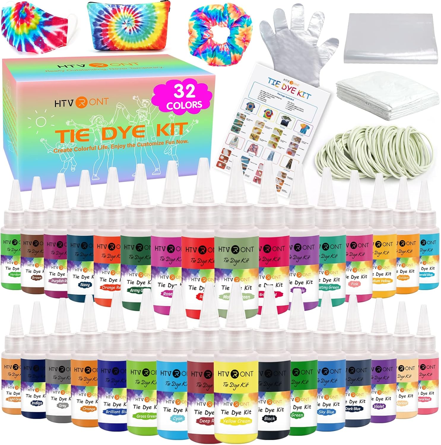 HTVRONT Tie Dye Kit - 32 Vibrant Colors Pre-Filled Bottles Tyedyedye Kit, Permanent Non-Toxic for Large Groups Kids Adults,Tye Fabric Textile Handmade Party(Just Add Water)