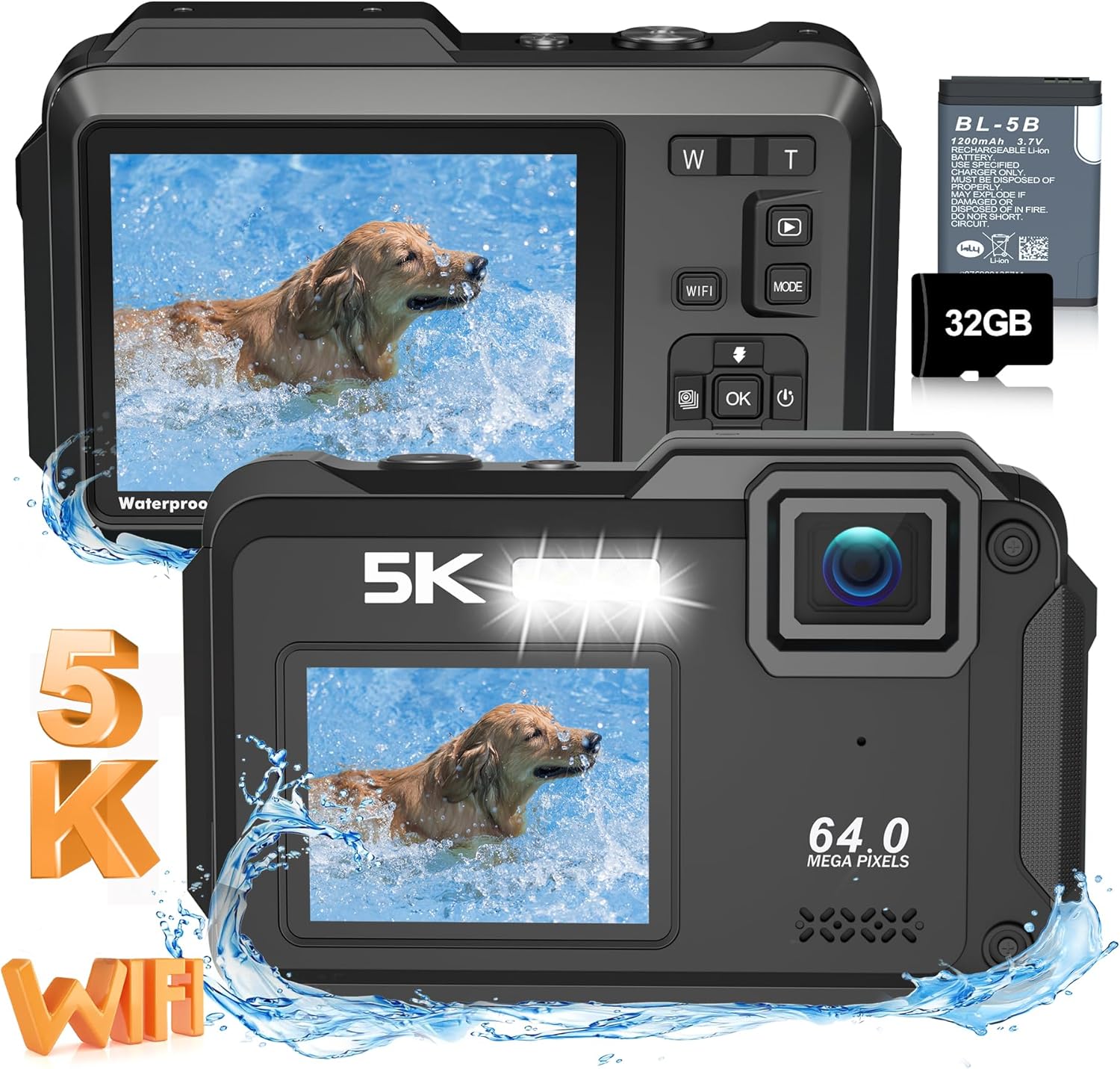 Underwater Camera 5K 64MP 16FT Waterproof Digital Camera with WiFi Connection 16X Digital Zoom IPS Dual-Screen(2.8"/2") Selfie Waterproof Camera for Snorkeling with 32GB Card Black