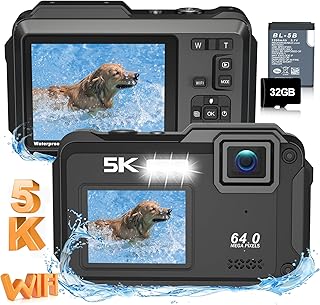 Underwater Camera 5K 64MP 16FT Waterproof Digital Camera with WiFi Connection 16X Digital Zoom IPS Dual-Screen(2.8"/2") Selfie Waterproof Camera for Snorkeling with 32GB Card Black