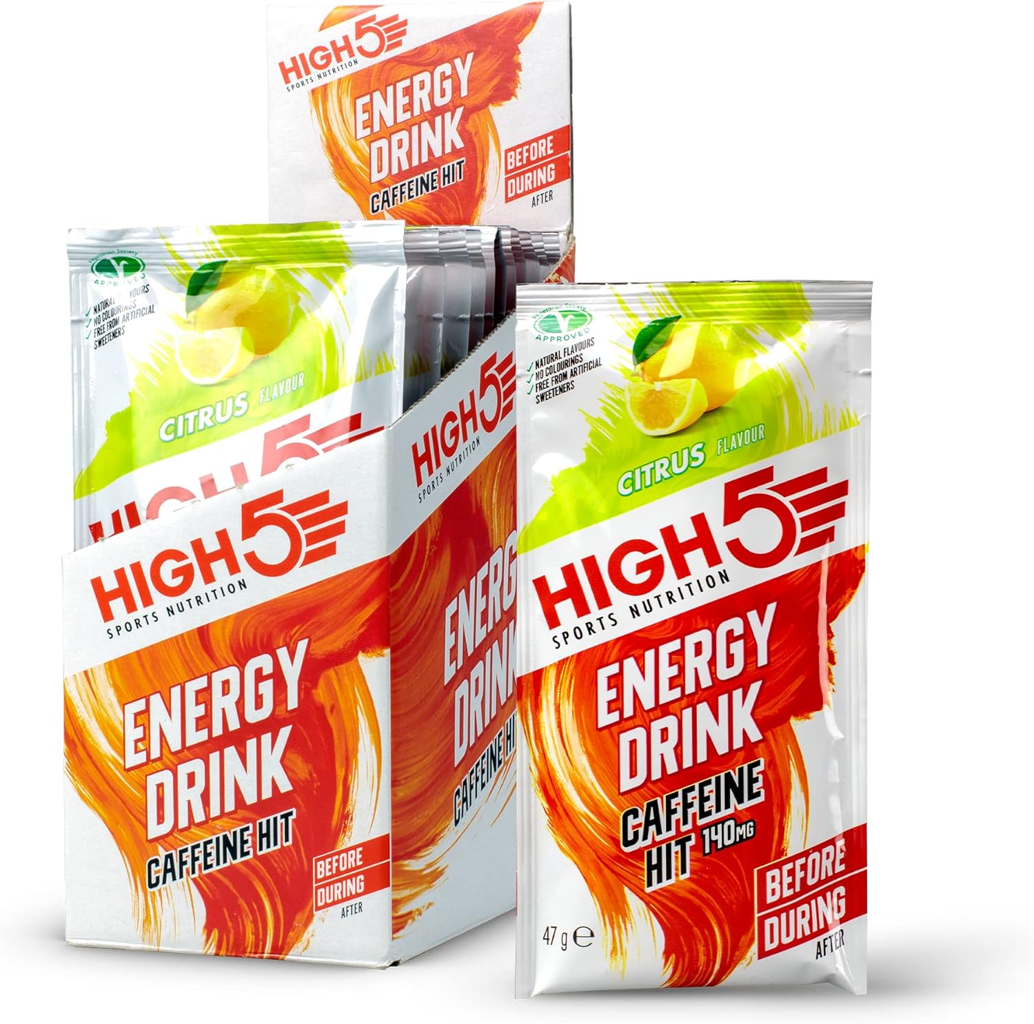 HIGH5 Energy Drink Caffeine Hit - Electrolytes Sport Energy Drink Powder - Isotonic Drink with 2:1 Fructose - Hydration for Running, Cycling, Endurance Fuel - Natural Flavours, Vegan (Citrus, 12x47g)
