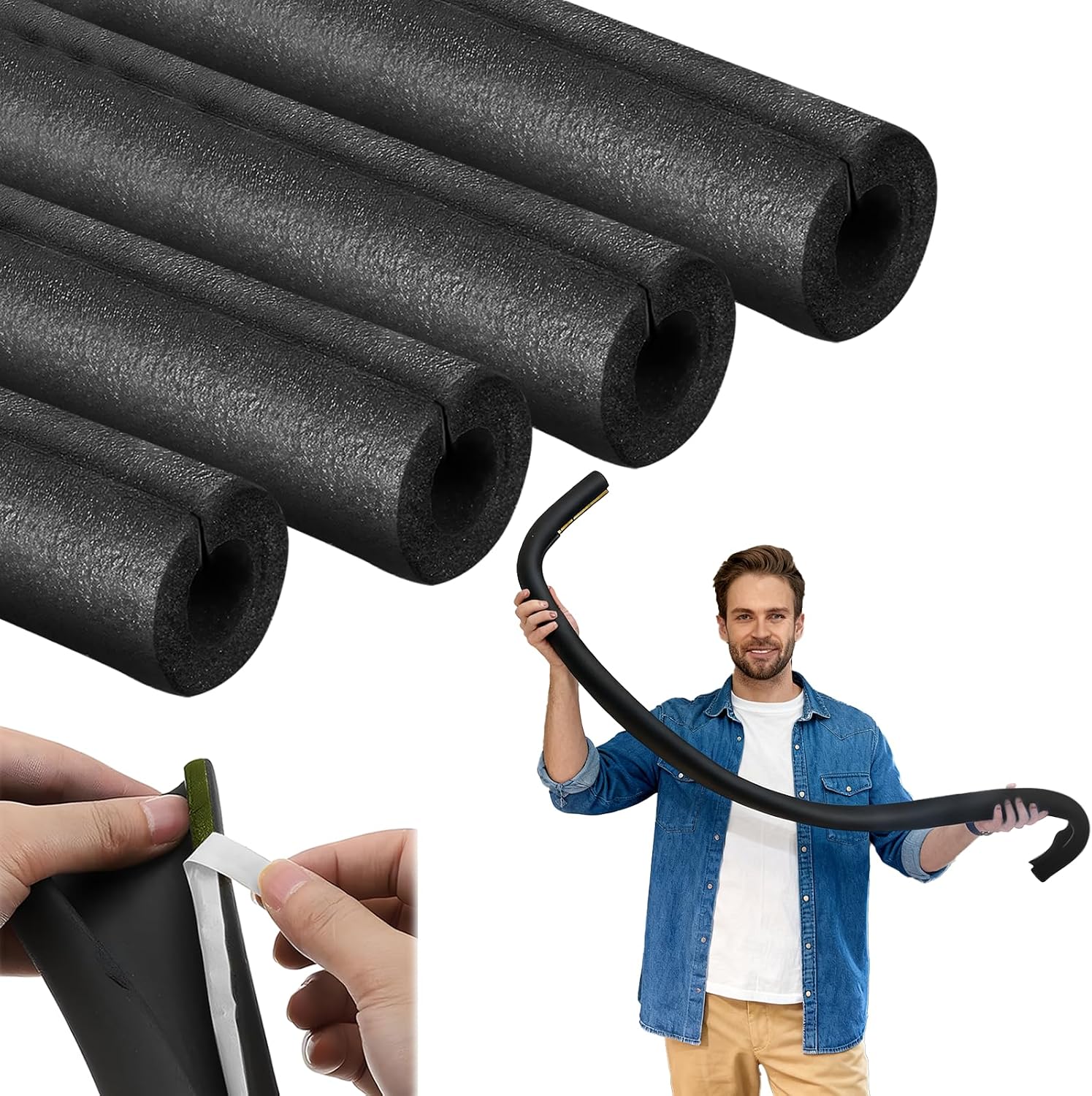 4 Pack 6 Feet 3/4'' Pipe Insulation Foam Tube with Double Sided Tape | Self Adhesive Pre Slit Foam Pipe Covers Polyethylene for Spigot, Winter Outside Pipes, Water Heater Pipes Freeze Protection