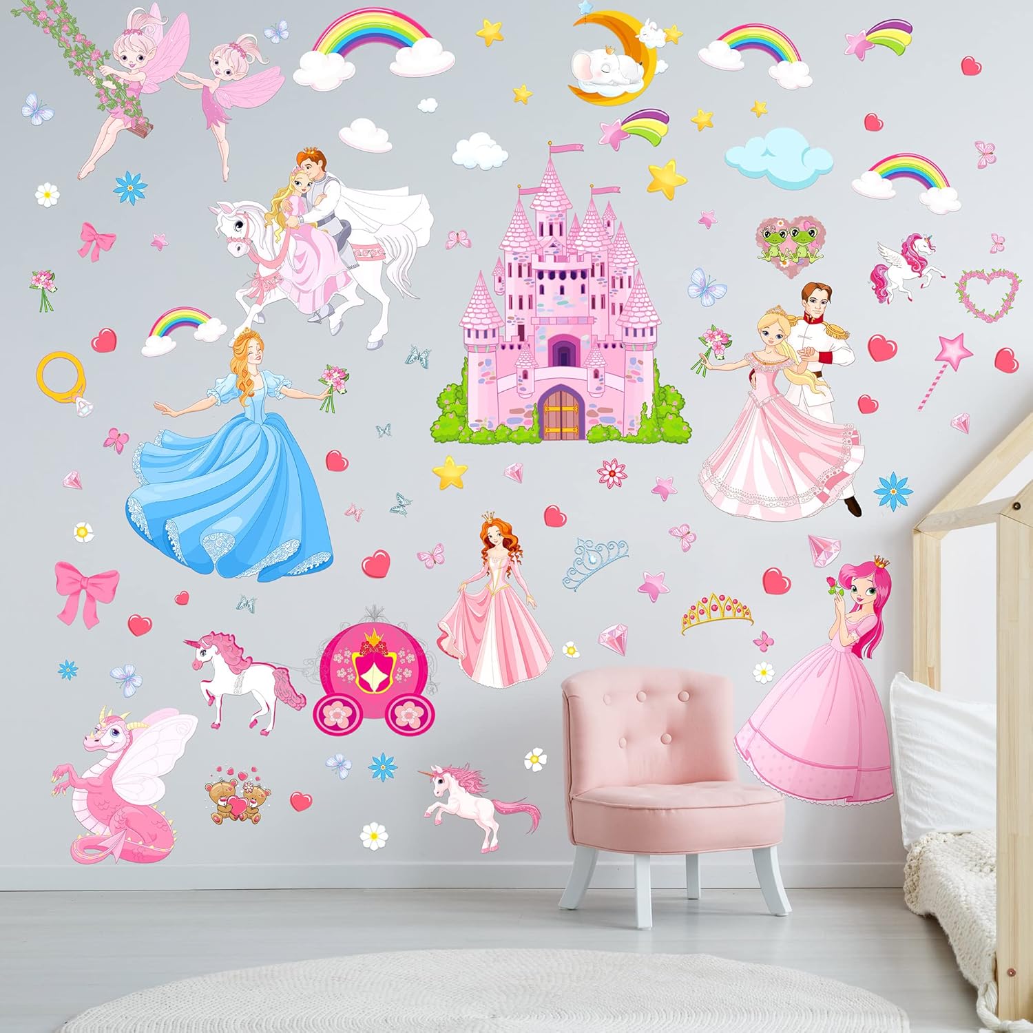 124 Piece Unicorn Wall Stickers - Castle, Fairy, Rainbow Wall Decals - Removable Stickers - Party Decorations for Girls' Bedroom, Children's Nursery Playroom Wall Decor