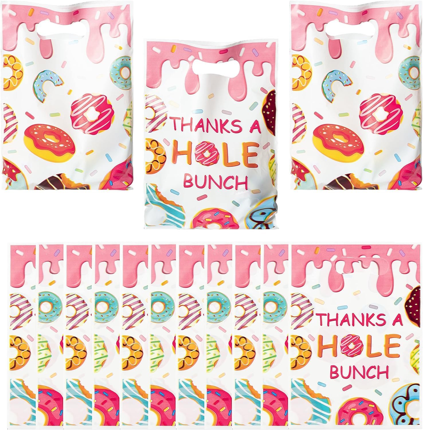 EGuangwiua Party Favor Bag Bulk - 50Pcs Plastic Waterproof Donut Goodies Bag Candy Treat Bags Handle Donut Thanks A Hole Bunch Gift Wrapping Birthday Baby Shower Giftwrap Multi-Item Party Favor Packs