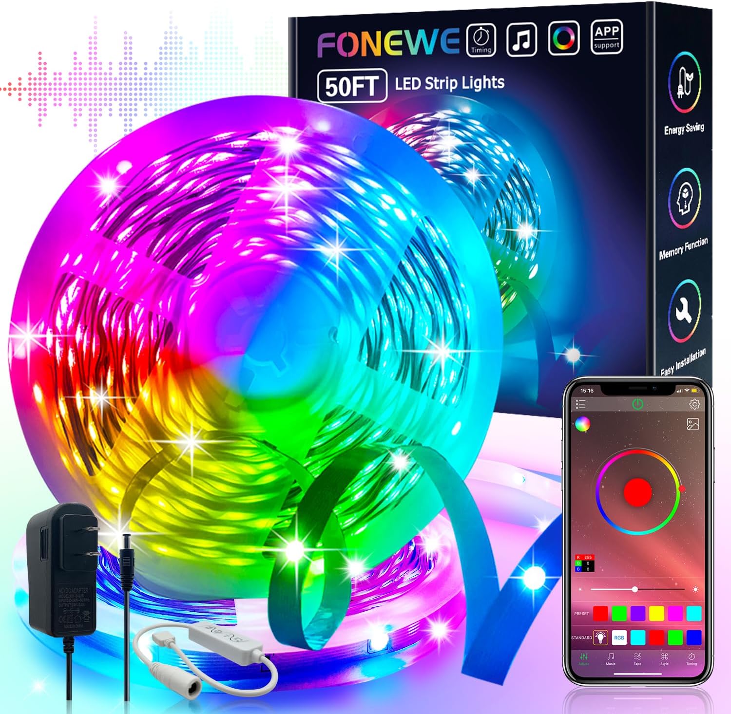 FONEWE 50ft Led Lights for Bedroom Led Strip Lights Led Light Strip with App Led Lights for Home Decoration