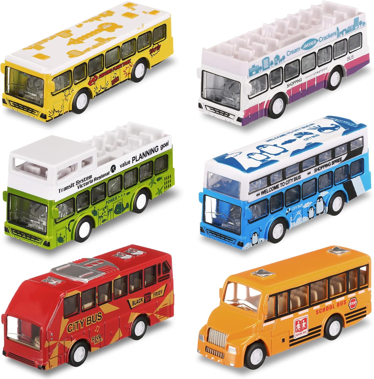 Hanaive 6 Pcs School Bus Toys Cars Set Die Cast Metal Little Cars City Bus Double Decker Friction Powered Cars Play Toys for Birthday Gift Vehicle with Opening Doors Education Bulk