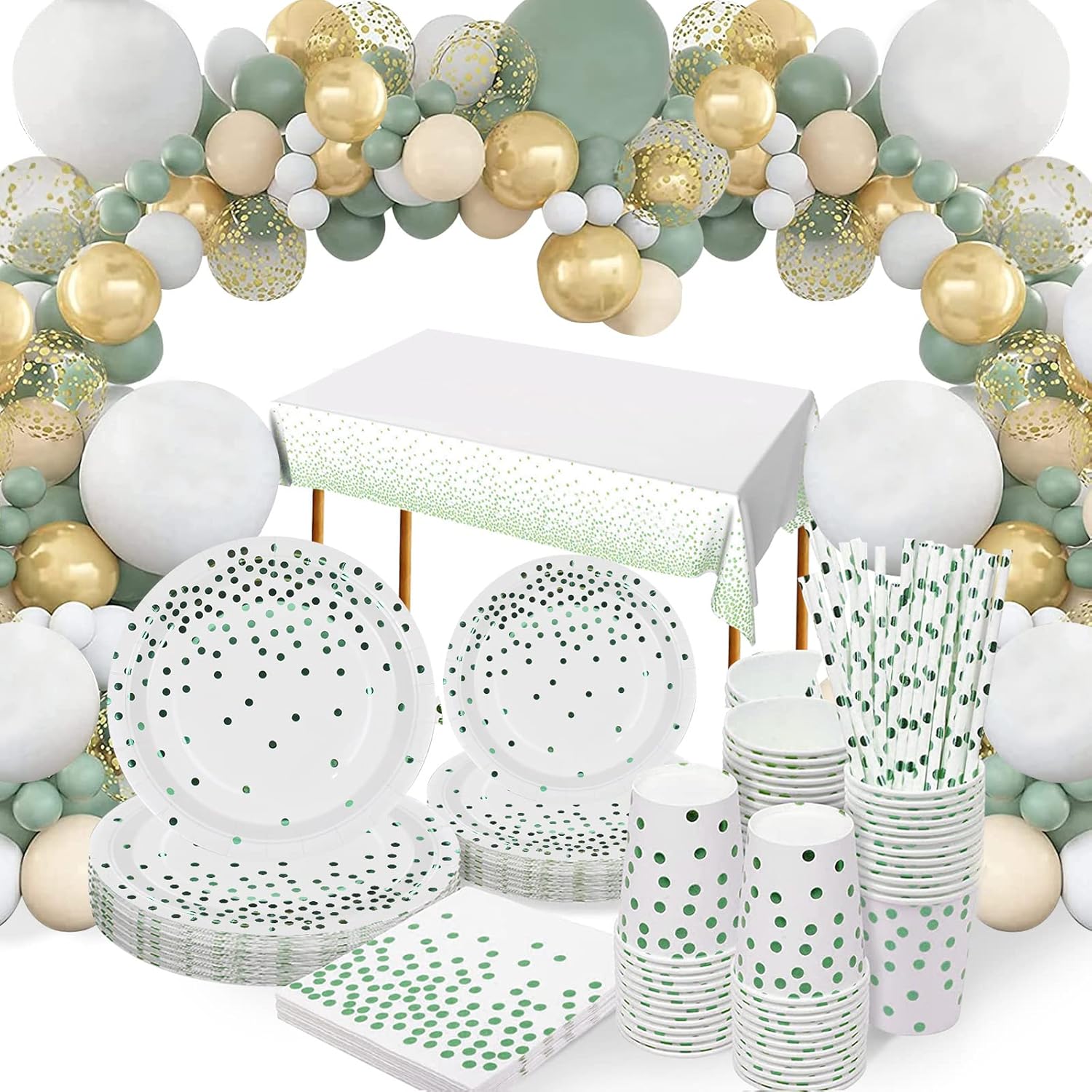 Sage Green Party Paper Plates, Cups and Napkins Set - 24 Guest Party Decoration with Balloon Arch, Tablecloth for Birthday, Baby Shower, Wedding, Christening