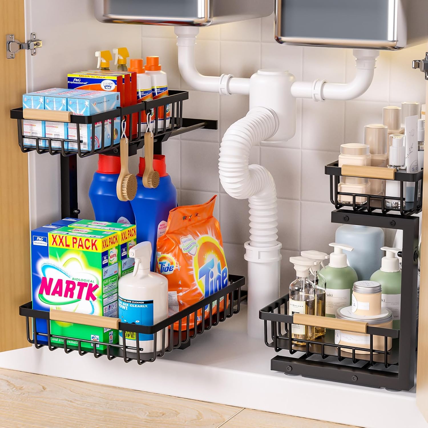 Accwork Under Sink Storage, 2 Tier Pull Out Under Sink Organiser, Undersink Storage Kitchen Cupboard Organiser with 2 Hooks for Bathroom Kitchen Storage & Organisation, 2 Pack