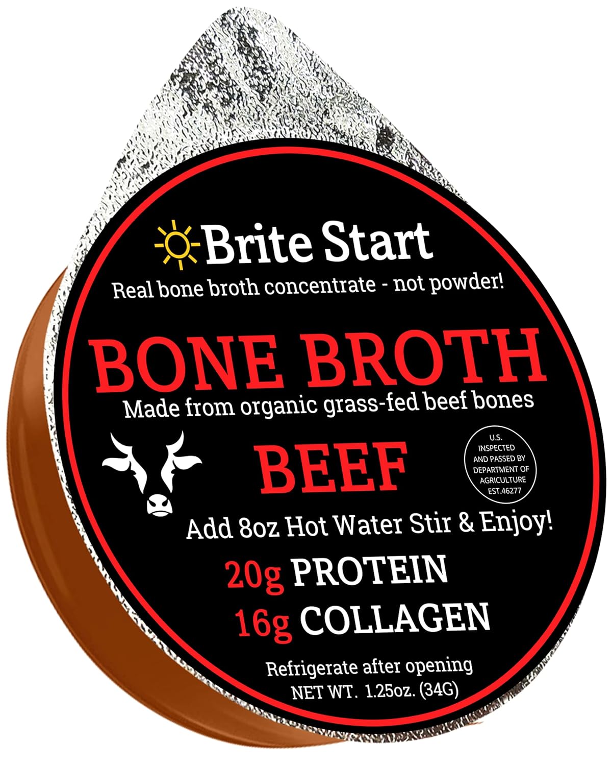 Brite Start Bone Broth - Beef Bone Broth - 12 Count - Keto Friendly Concentrate Packed with 16g Collagen, 20g Paleo Protein -Made from Grass Fed Beef Bones- Single Serve Packets