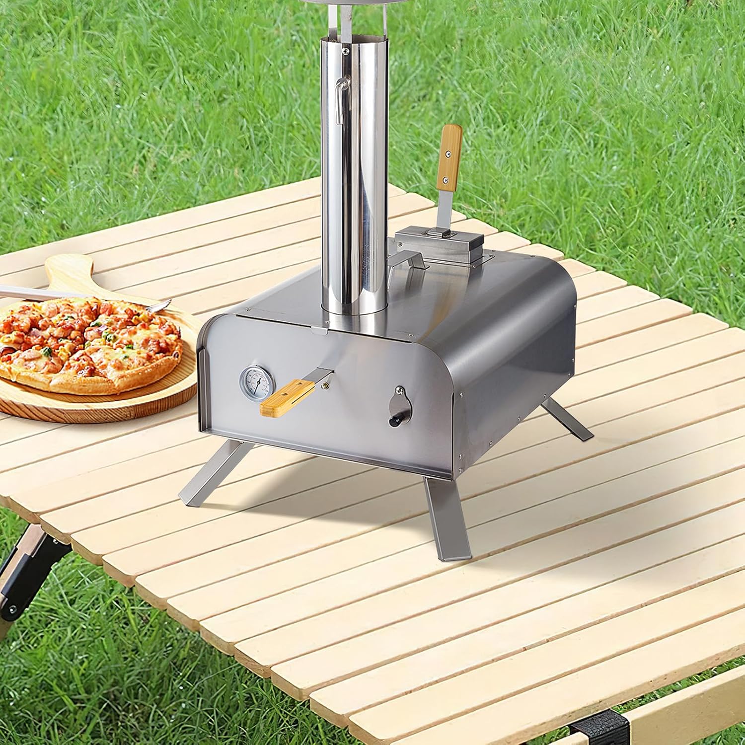 DKIEI Outdoor Pizza Oven, Wood Pellets 12"Pizza Oven, Stone & Pizza Peel Included, Portable BBQ Pizza Oven, Foldable Legs, Thermometer, Pizza Oven Charcoal BBQ Grill, Can Also Grill Meat, Fish & Veg