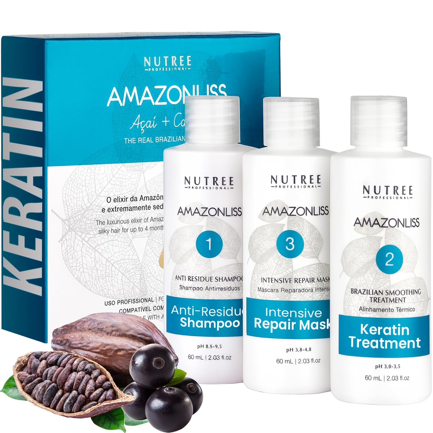 Amazonliss Keratin Hair Smoothing Kit – 3 Steps, 2.03 fl oz | Formaldehyde-Free At Home Hair Straightening System | Anti-Frizz Repair Mask & Shampoo