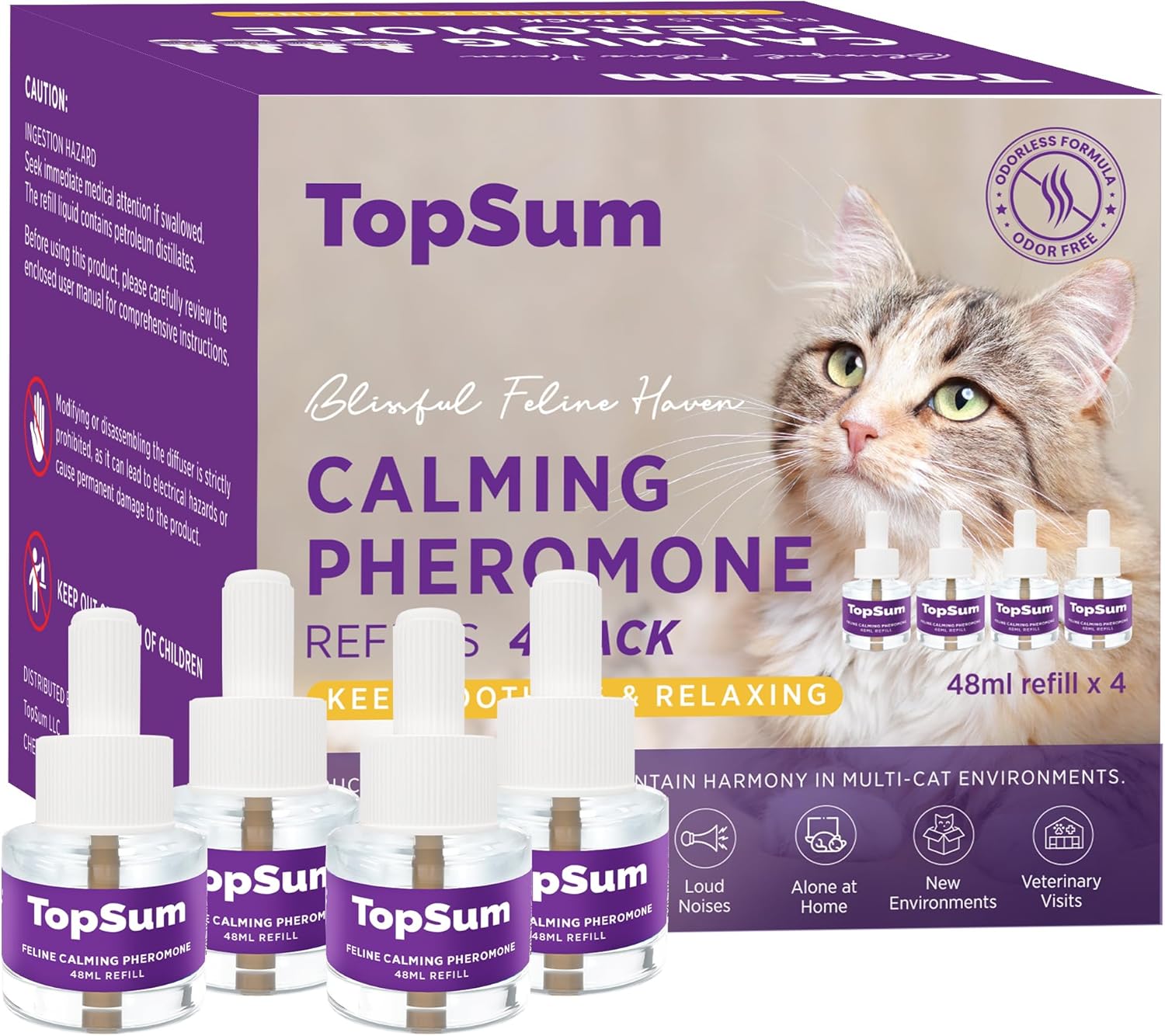 Cat Calming Diffuser Refills: Pheromone Refill for Cats, Long-Lasting 4-Month Supply, Compatible with Most Diffusers, 4 Pack (Light Purple)
