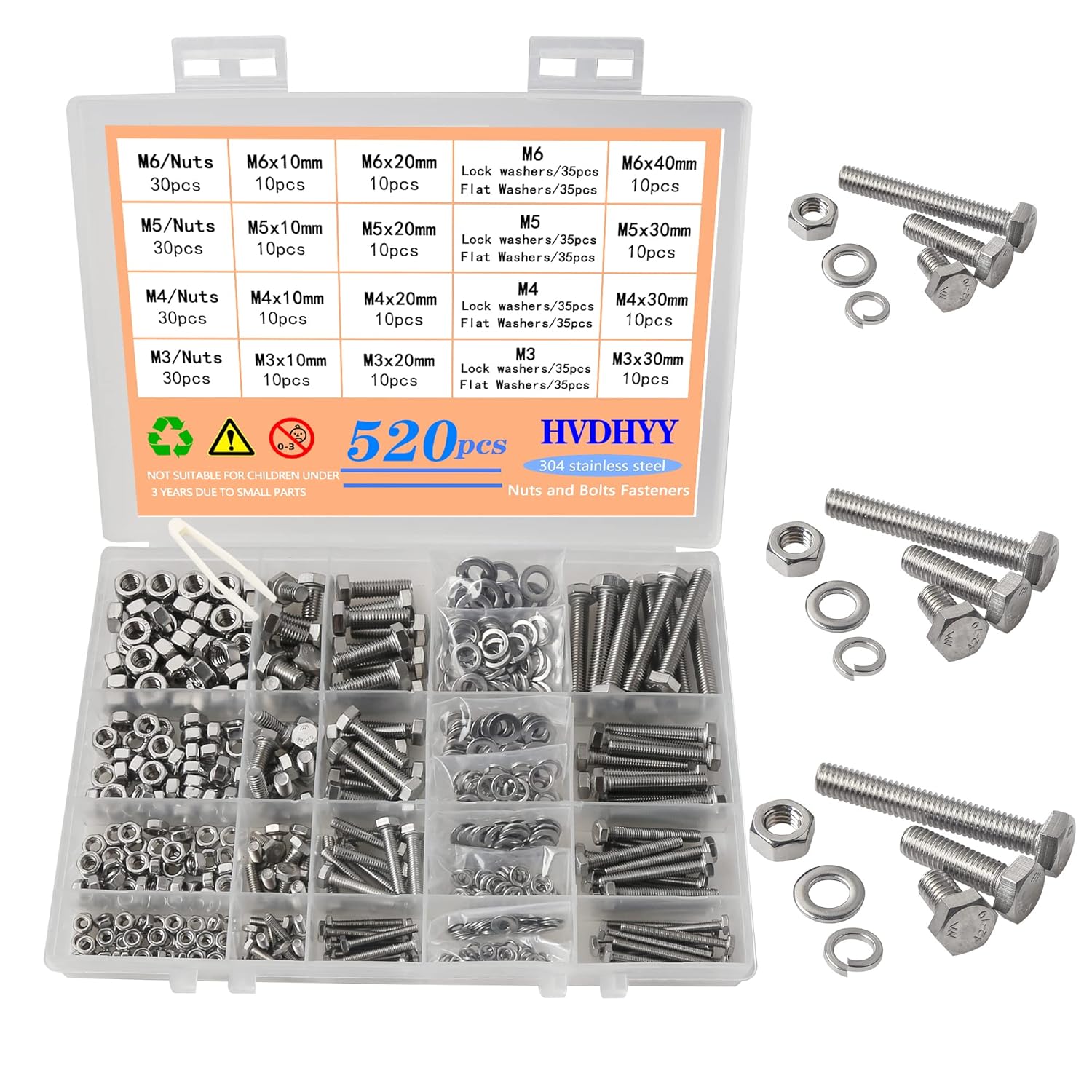 HVDHYY M3 M4 M5 M6 Nut and Bolt set Machine Screws & Nuts & Washers Assortment kit 304 Stainless Steel Outer Hexagon Head Button with a Reusable Storage Box (520pcs)