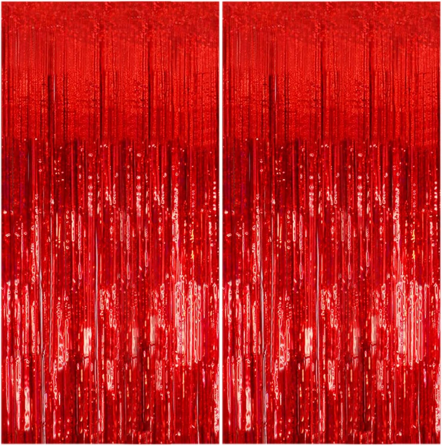 2 Pack Foil Curtain Backdrop Red Metallic Tinsel Foil Fringe Curtains Photo Booth Props for Birthday Wedding Engagement Baby Shower Bachelorette Christmas Holiday Celebration Party Decorations
