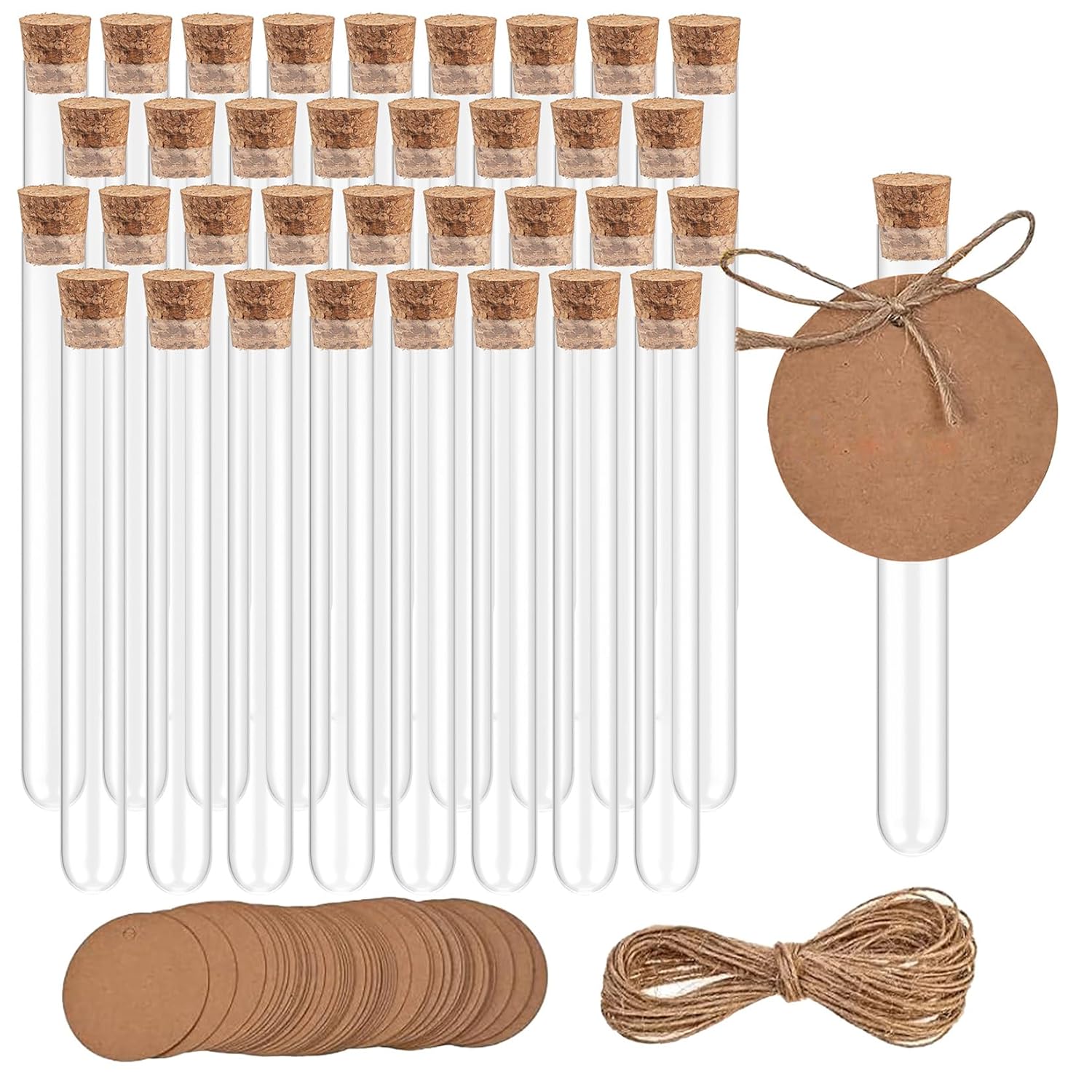 zrfgbxim 34 Pcs Clear Plastic Test Tubes with Corks, Reusable Transparent Plastic Sample Test Tubes Vases for Plants Flowers Beads Sweets Candy Lab DIY Craft, 16x100mm(10ml), with 5m Hemp Rope
