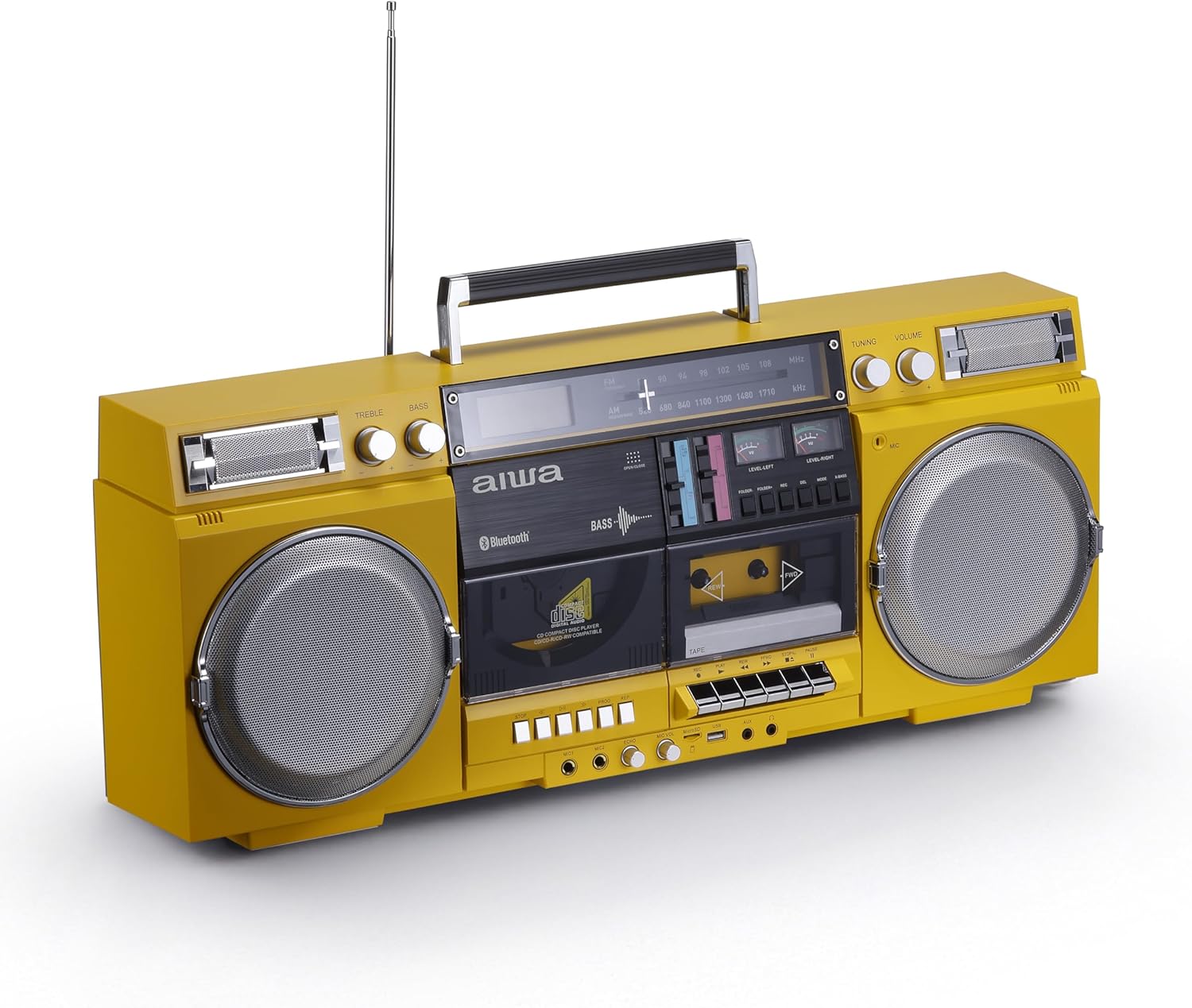 aiwa Retro Boombox CD Player with Cassette Recording, Bluetooth 5.0, FM/AM Radio, USB/SD/AUX Inputs, VU Meter, LCD Display, Dual 40W Speakers - Yellow