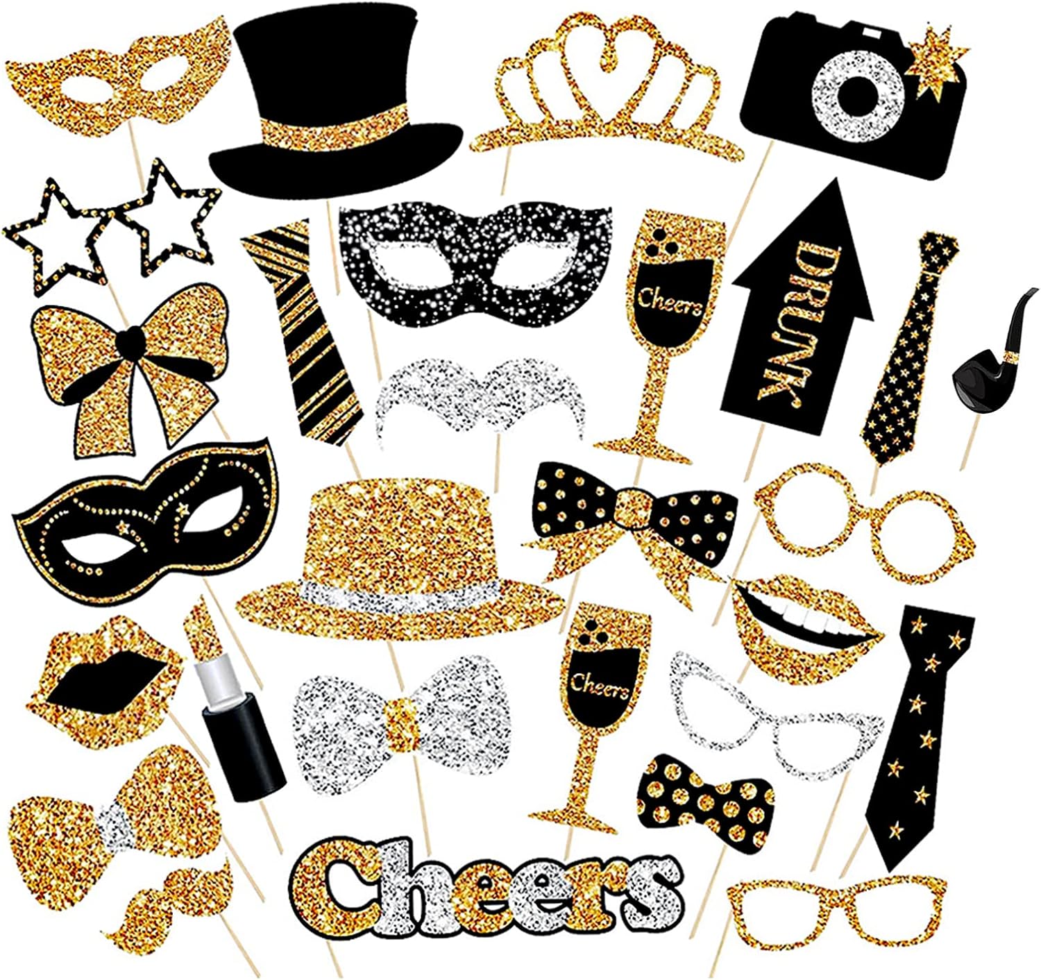 YPLonon 30pcs Photo Booth Props Kit - Glitter Prom Party Supplies with Moustache, Lipstick, Tie, Glasses - Black, Gold