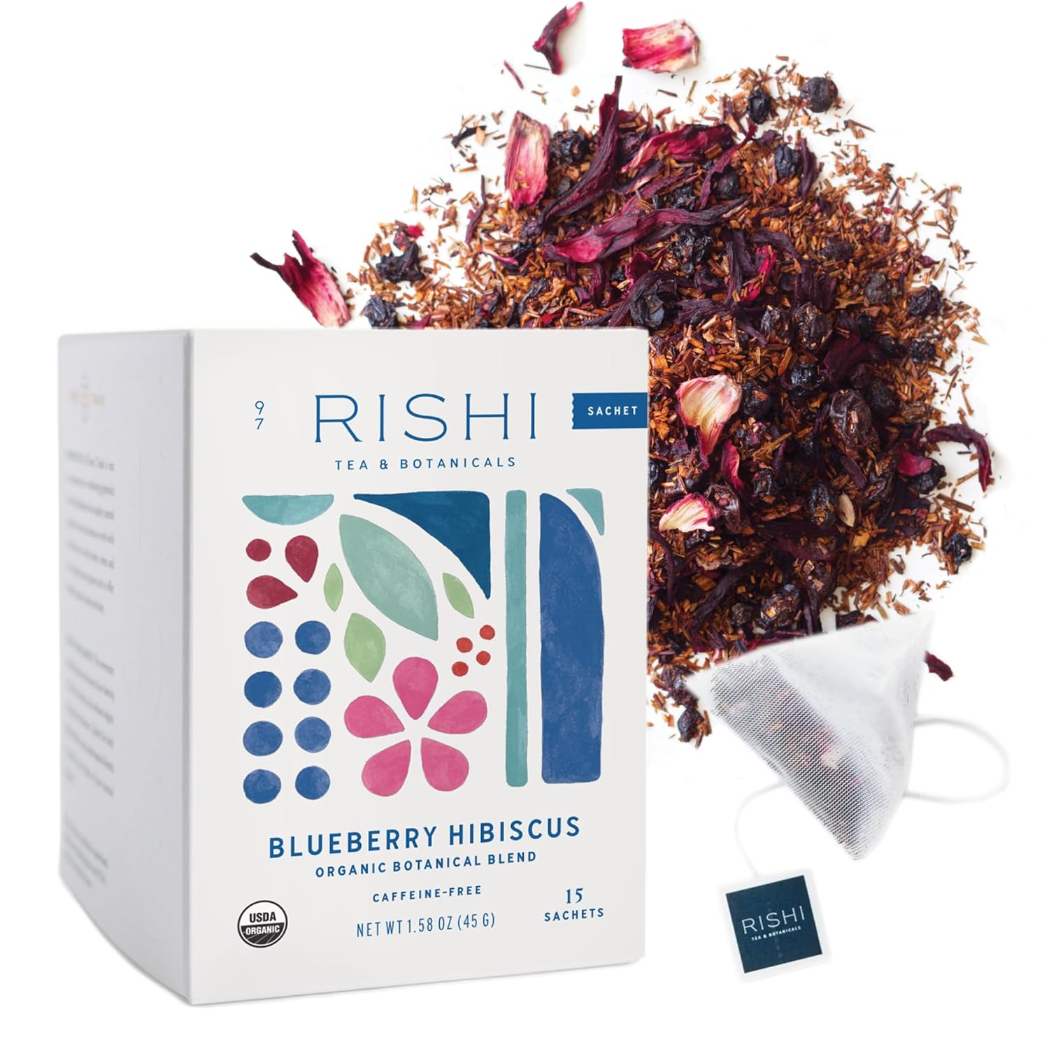 Rishi Tea Blueberry Hibiscus Herbal Tea - Organic, Caffeine Free Sachet Bags, Sweet & Tangy with Antioxidants, Enjoy Hot or Iced - 15 Count (Pack of 1)