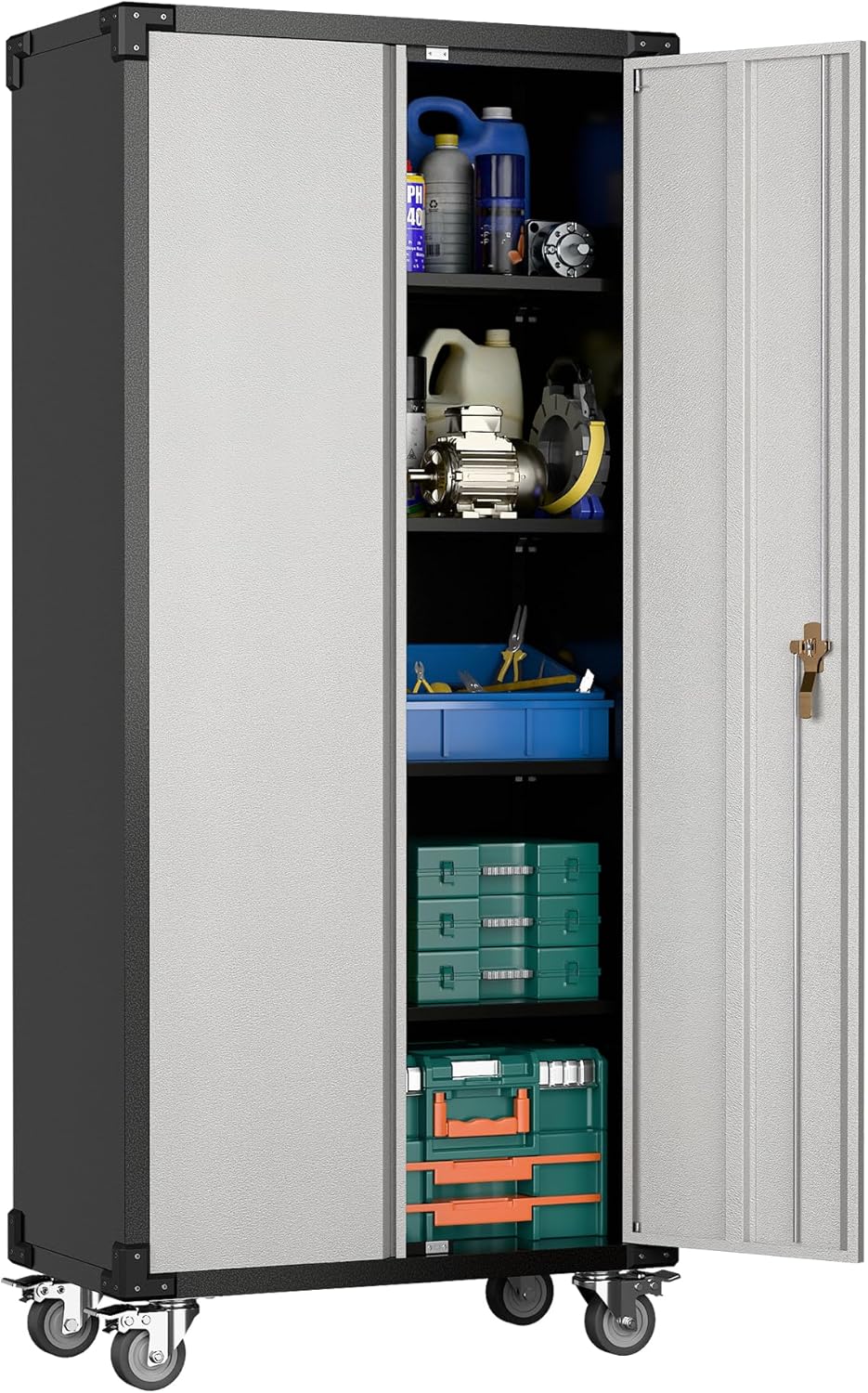 Garage Storage Cabinet with Wheels,72" Metal Storage Cabinet with 2 Doors and 4 Adjustable Shelves, Lockable Rolling Cabinet,Home Office Metal Utility Cabinet for Garage,Assembly Required