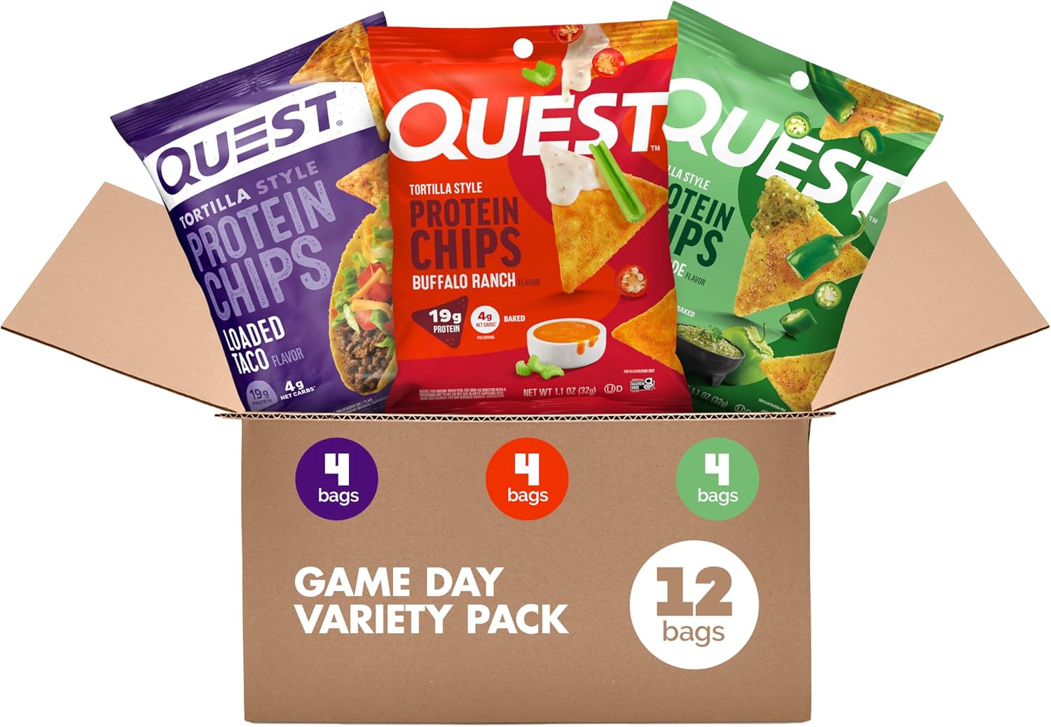 Quest Nutrition Game Day Tortilla Style Protein Chips Variety Pack, Buffalo Ranch x4, Salsa Verde x4, Loaded Taco x4, 12 Count