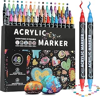 48 Colors Dual Tip Acrylic Paint Pens, Fine & Dot Tip Premium Coloring Markers Set for Wood, Rock Painting, Stone, Drawing, Canvas, Glass, Ceramic Surfaces and DIY Crafts Making Art Supplies