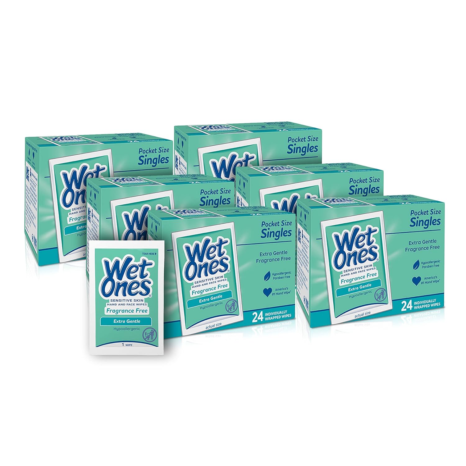 Wet Ones Hand and Face Wipes Singles, Unscented Wipes for Sensitive Skin | Individual Wipes, Hand Wipes Individually Wrapped | 24 ct. (6 pack)