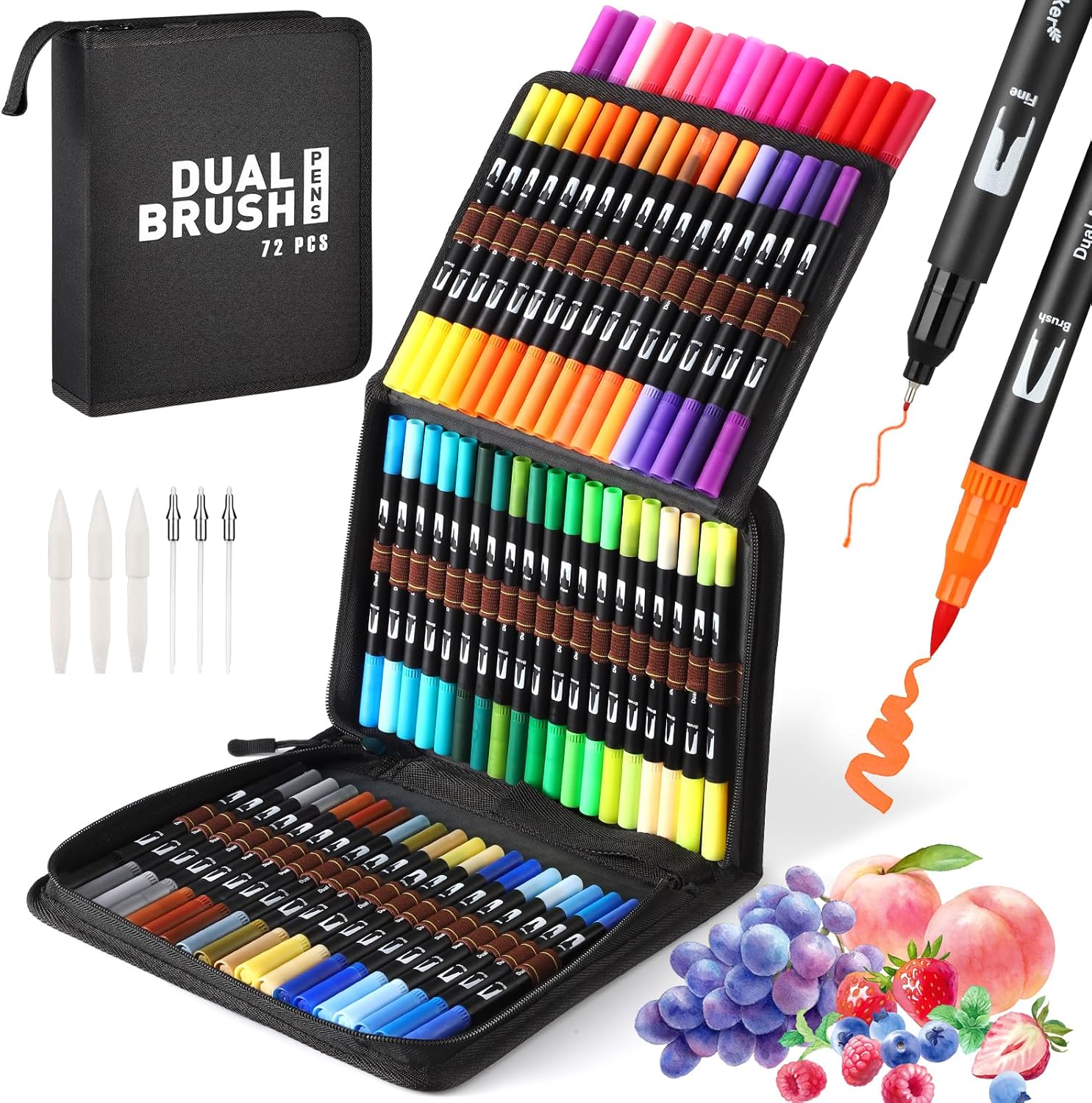 Mzh Art Colouring Pens, 72 Dual Tip Brush Marker Pens with Fineliner & Brush Tip Pens Felt Tip Pens Set, Art Markers Watercolour Brush with Case for Adults Kids Colouring Calligraphy Drawing Sketching
