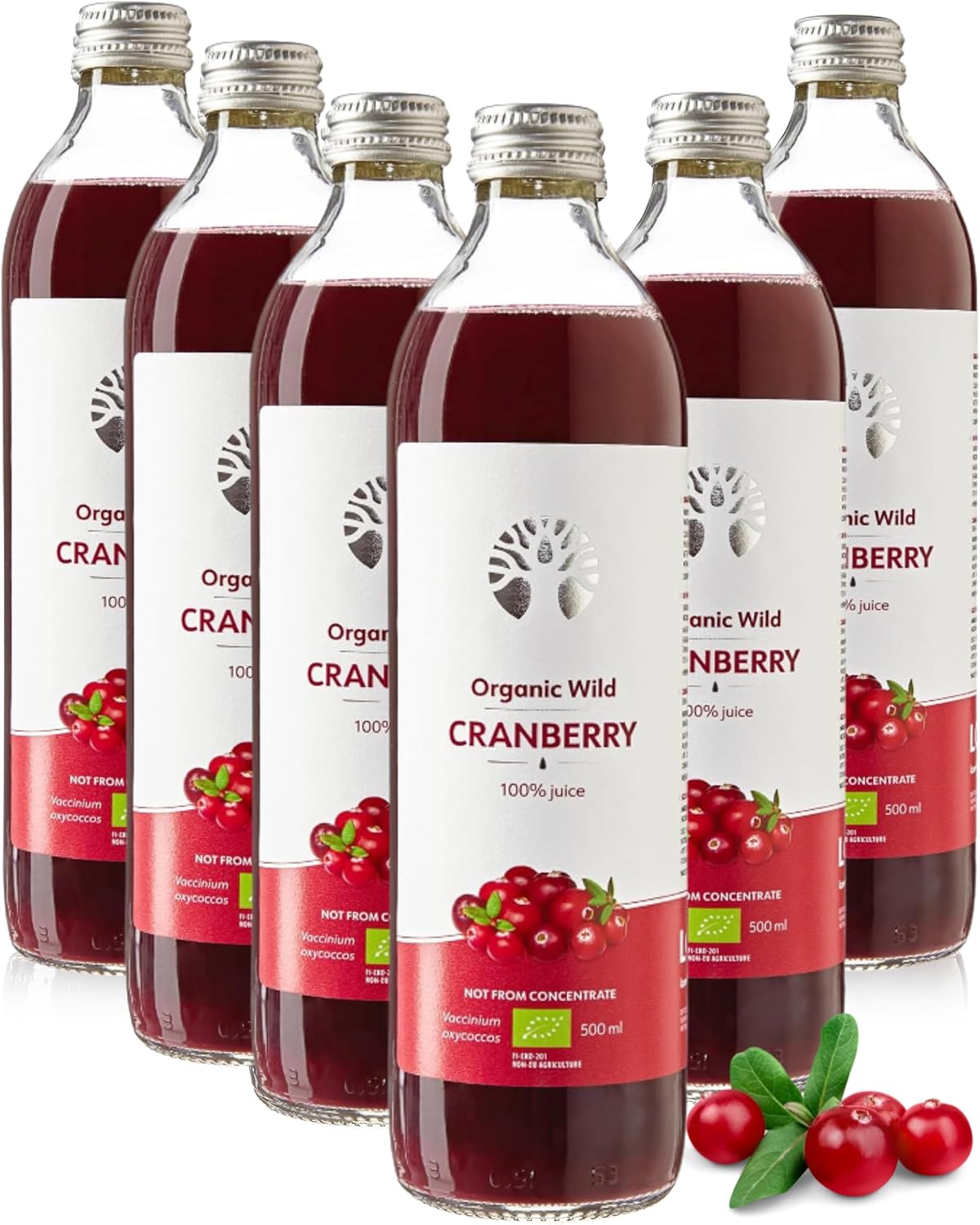 Organic Cranberry Juice 100% Pure, No Added Sugar, Cold Pressed, Wild Nordic Cranberries – Strong and Unsweetened, Glass Bottles 6x500 ml