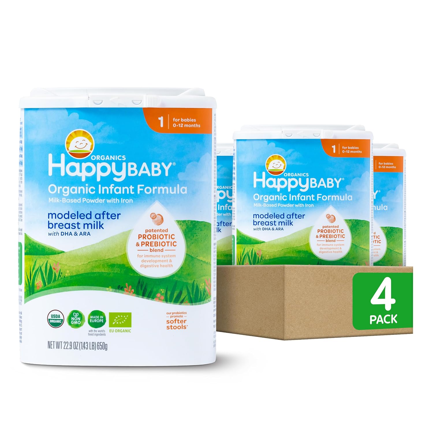 HAPPY BABY Stage 1, 0-12 Months, Organic Infant Formula, 22.9oz (4 Pack)