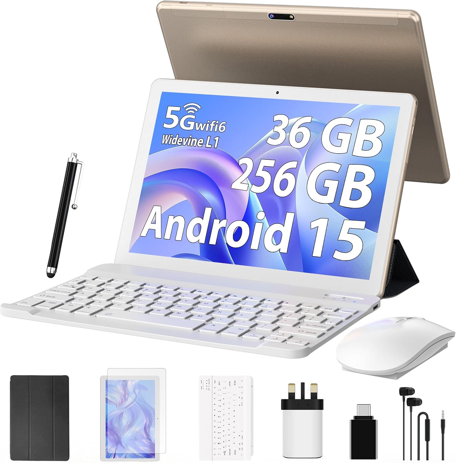 Tablet 10 Inch Newest Android 14, Octa-Core 2.0GHz, 5G WIFI 6, 36GB RAM+128GB ROM (TF 1TB), Dual Camera, 8000mAh Battery/Widevine L1/Tablet With Keyboard, Case(Gold)