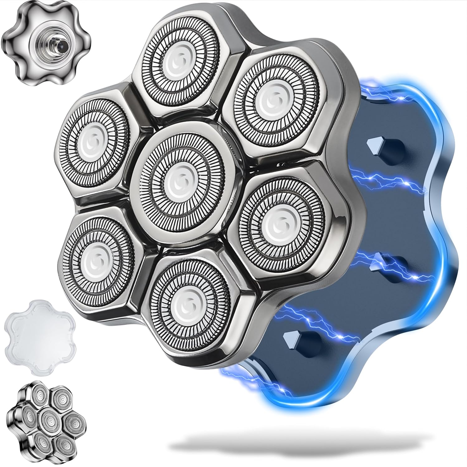 Magnetic Head Shaver Replacement Heads 7 Double Ring Waterproof Rotary Razor Blades for Bald Men Compatible with freebird wyklaus shpavver(Silver)