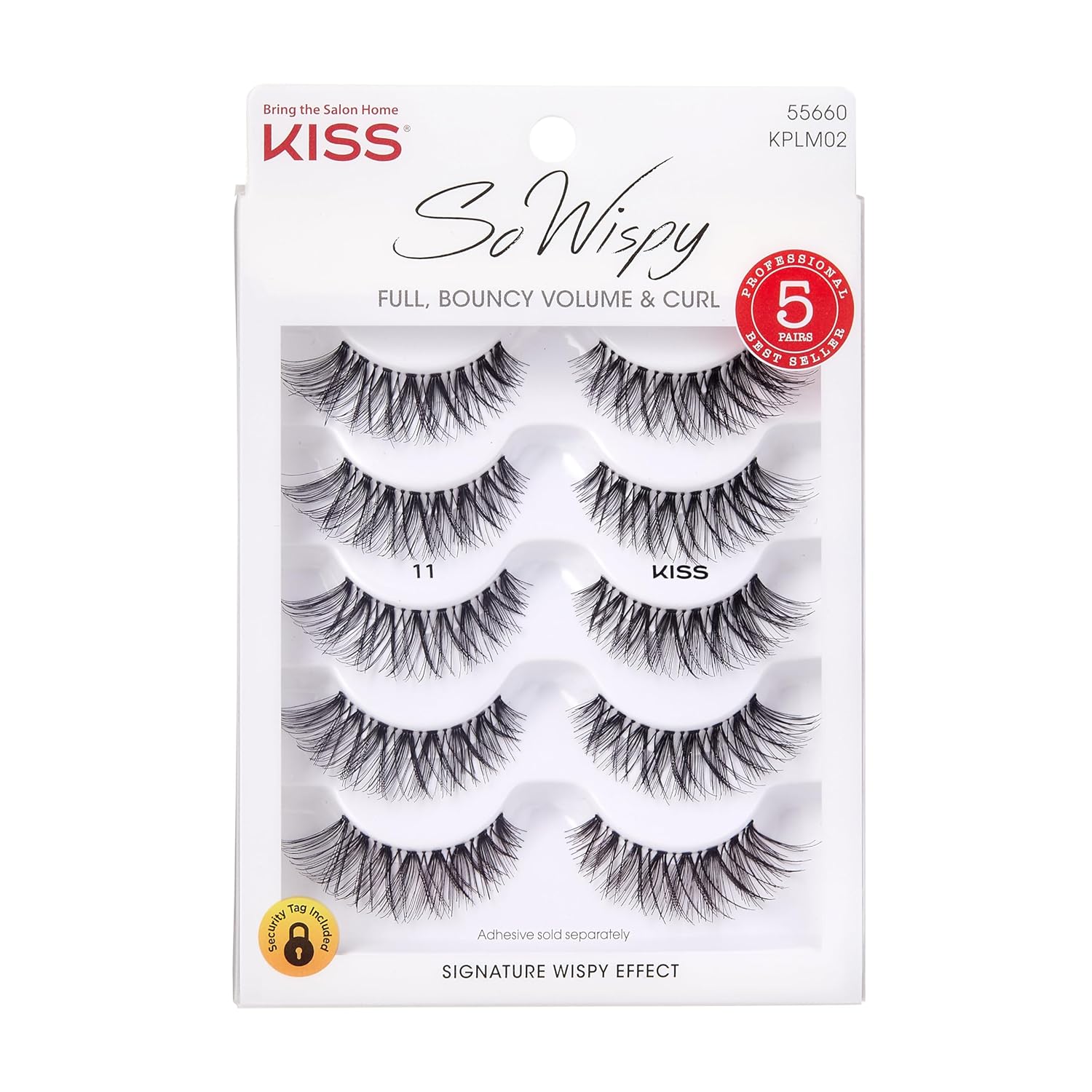 KISS So Wispy, False Eyelashes, 'Style #11', 12 mm, Includes 5 Pairs Of Lashes, Contact Lens Friendly, Easy to Apply, Reusable Strip Lashes, Glue On, Mulitpack