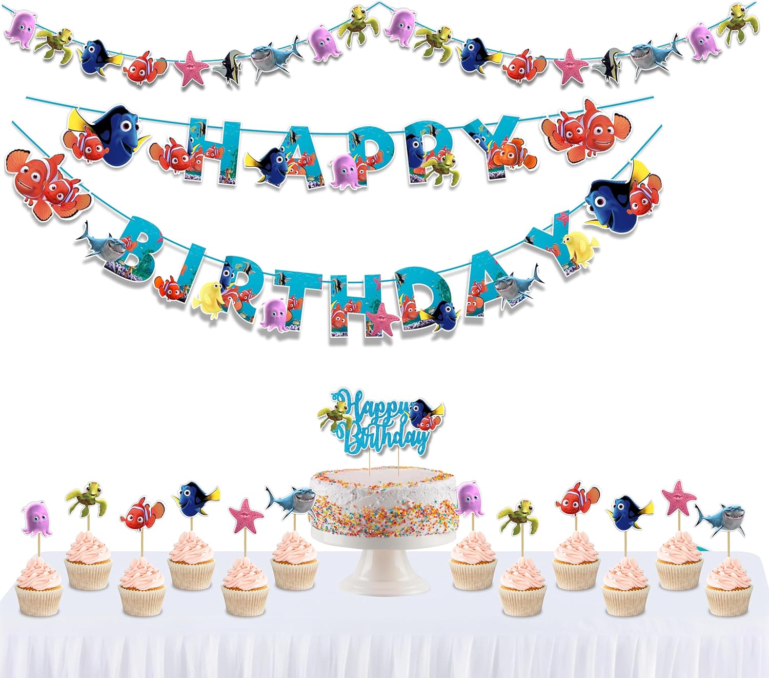 Finding Nemo-Themed Birthday Party Supplies – Fun Ocean Decoration Set – Includes Banner, Garland, Cake Topper, Cupcake Toppers – High-Quality, Vibrant & Easy to Assemble