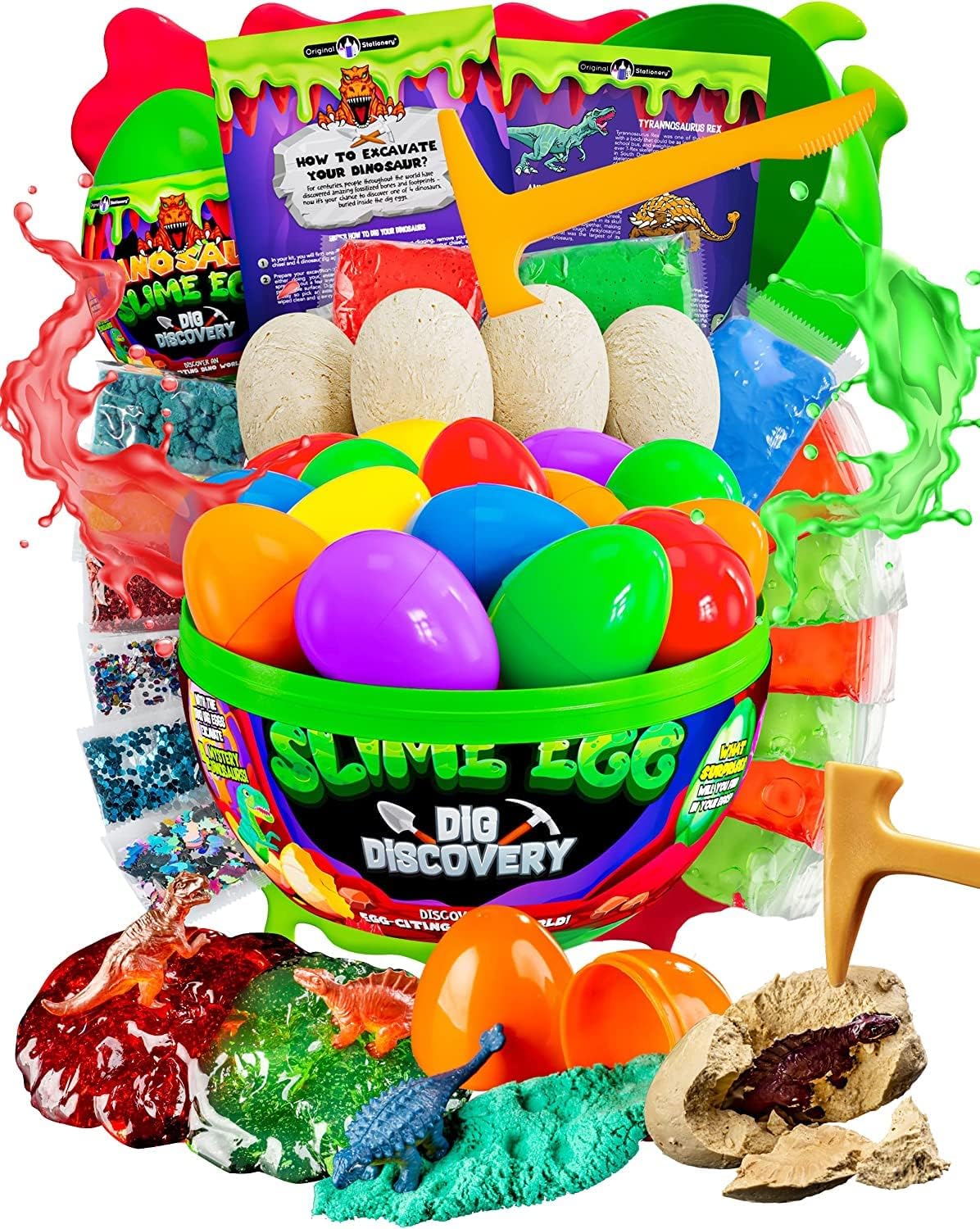 Original Stationery Dinosaur Slime Egg Dig Discovery, Dinosaur Toys Slime Kit with 6 Premade Slime for Boys, Add-Ins, and 4 Dino Toy Eggs to Excavate