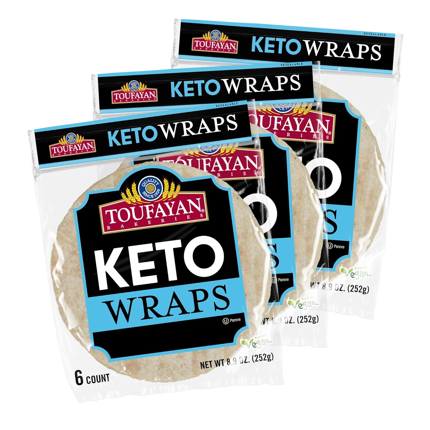 Toufayan KETO Tortilla Wraps - 0g Net Carbs, No Sugar, 11g Fiber & 5g of Protein per wrap | 3 Pack, 18 Wraps Total | Vegan & Kosher