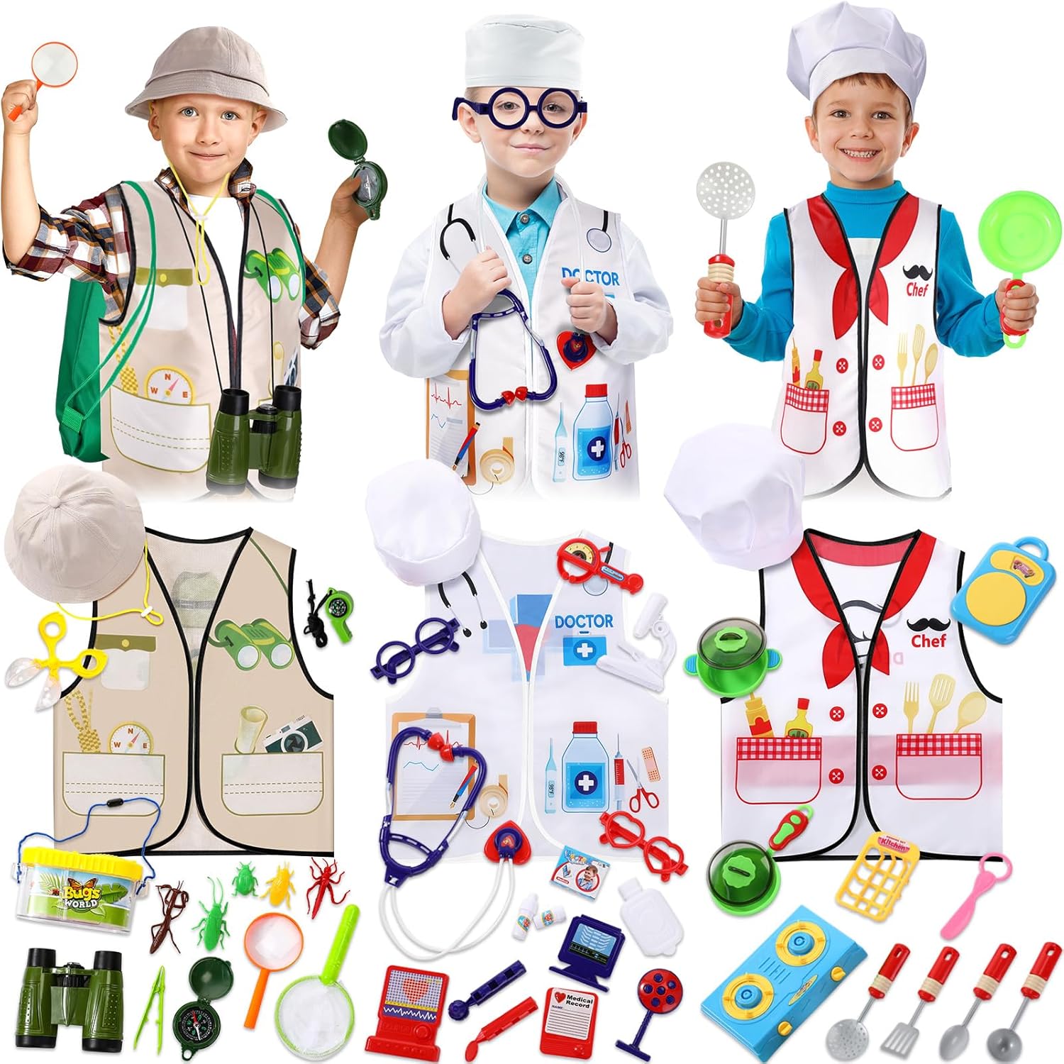 3 Sets Kids Dress up and Role Play Clothes, Boys Girls Dress up Clothes Costumes, Doctor, Chef, Explorer Vest for Kids Children Pretend Role Accessories