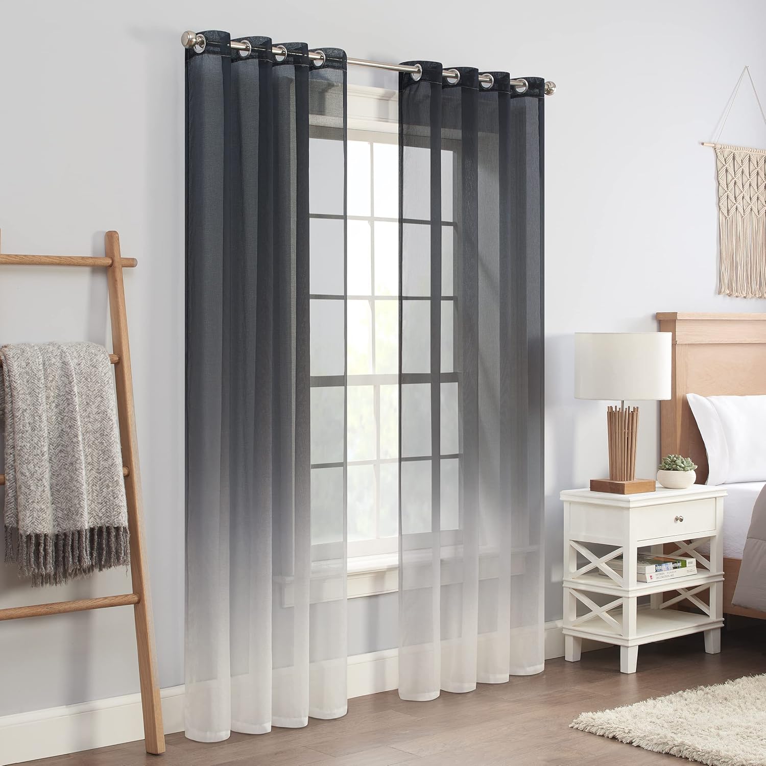 ECLIPSE Ines Printed Ombre Textured Light Filtering Grommet Window Curtains for Bedroom (2 Panels), 52 in x 95 in, Charcoal