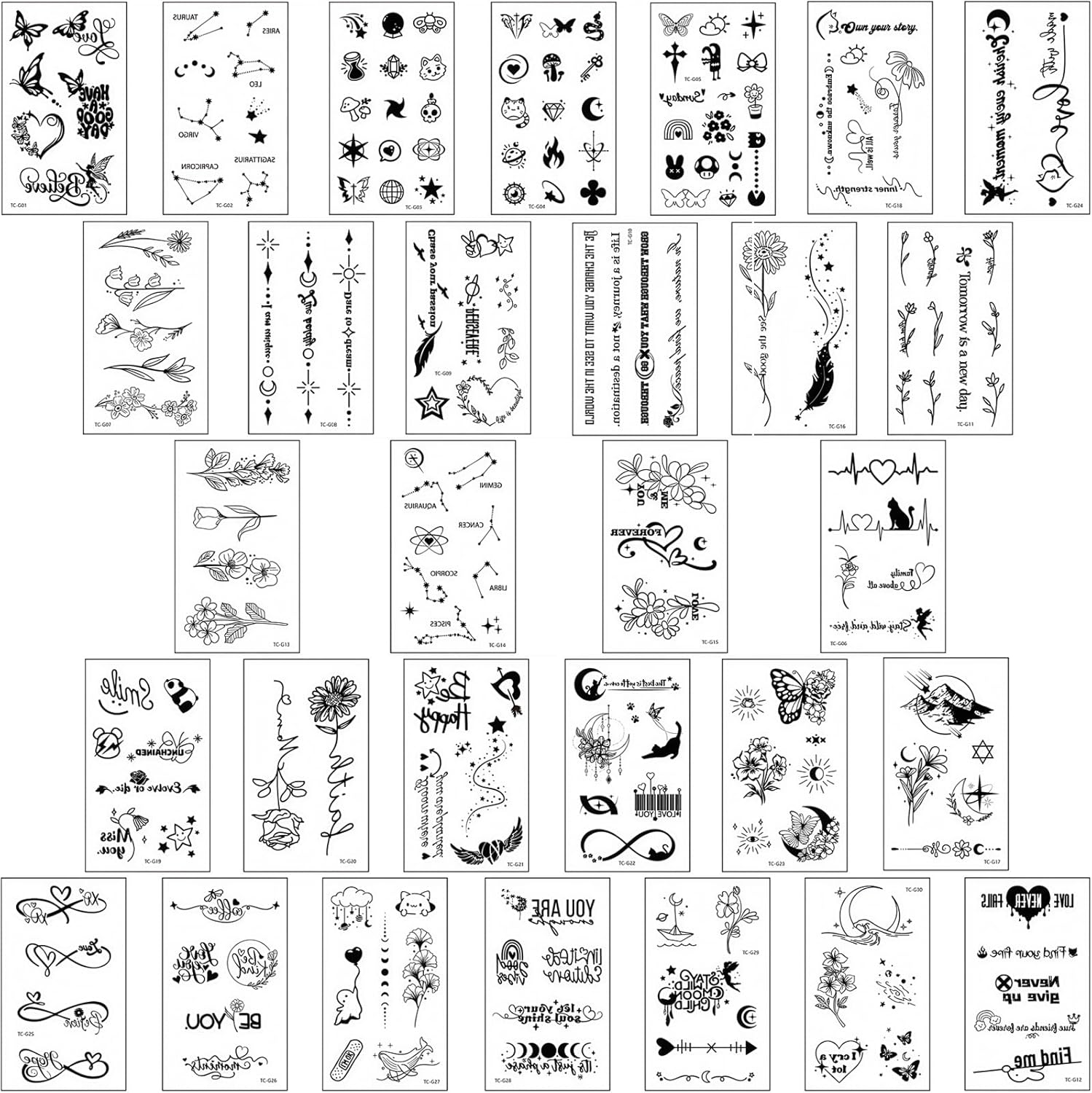 30 Sheets 190 pcs Tiny Temporary Tattoos - Waterproof & Long Lasting - Fake Tattoo Suitable for Girls and Boys - Fake Semi Permanent Tattoos - Flower, Butterfly, Constellation Lines