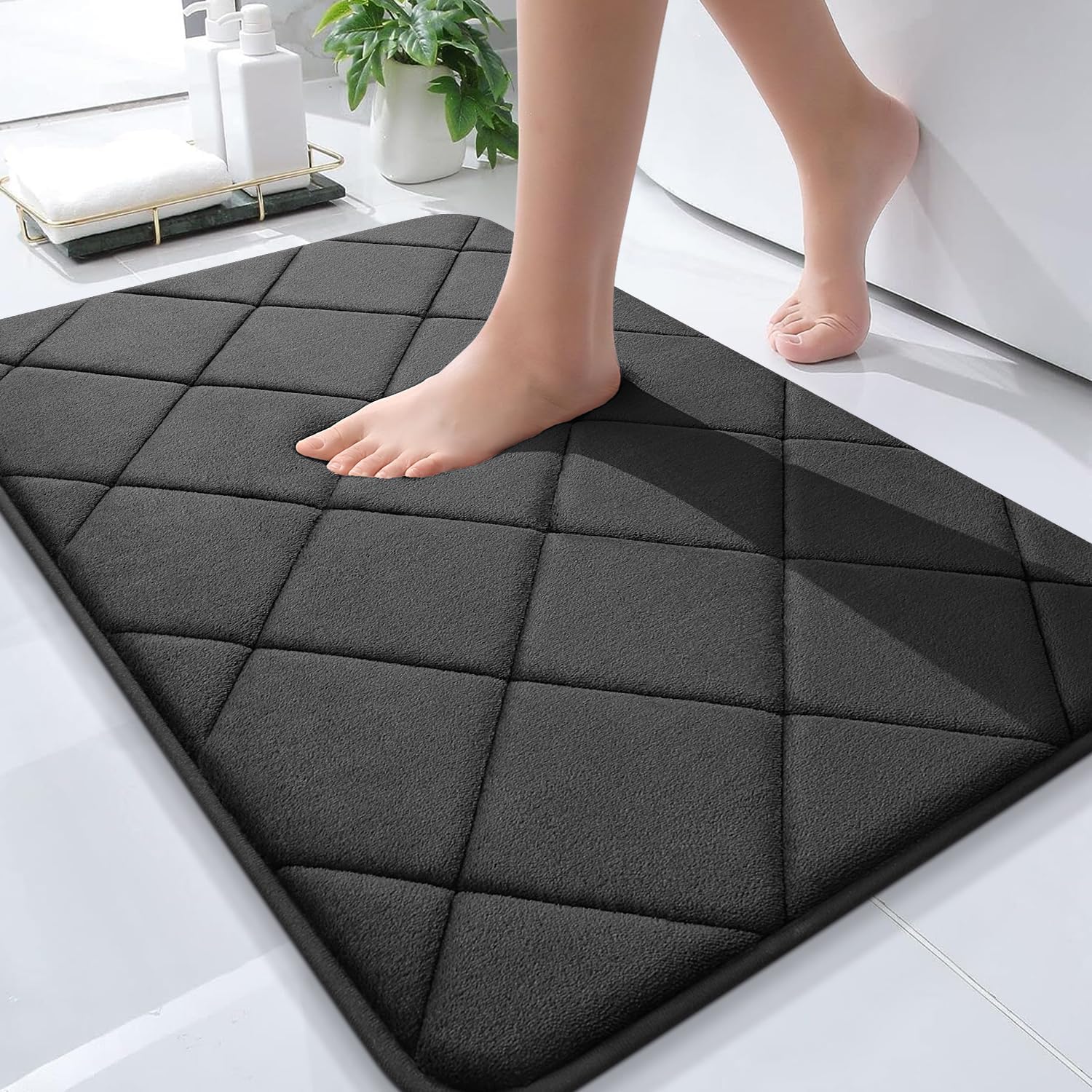 OLANLY Memory Foam Bath Mat 30x20, Ultra Soft and Absorbent Bathroom Rugs, Machine Washable, Comfortable Bath Carpet for Bathroom Floor, Tub and Shower, Black