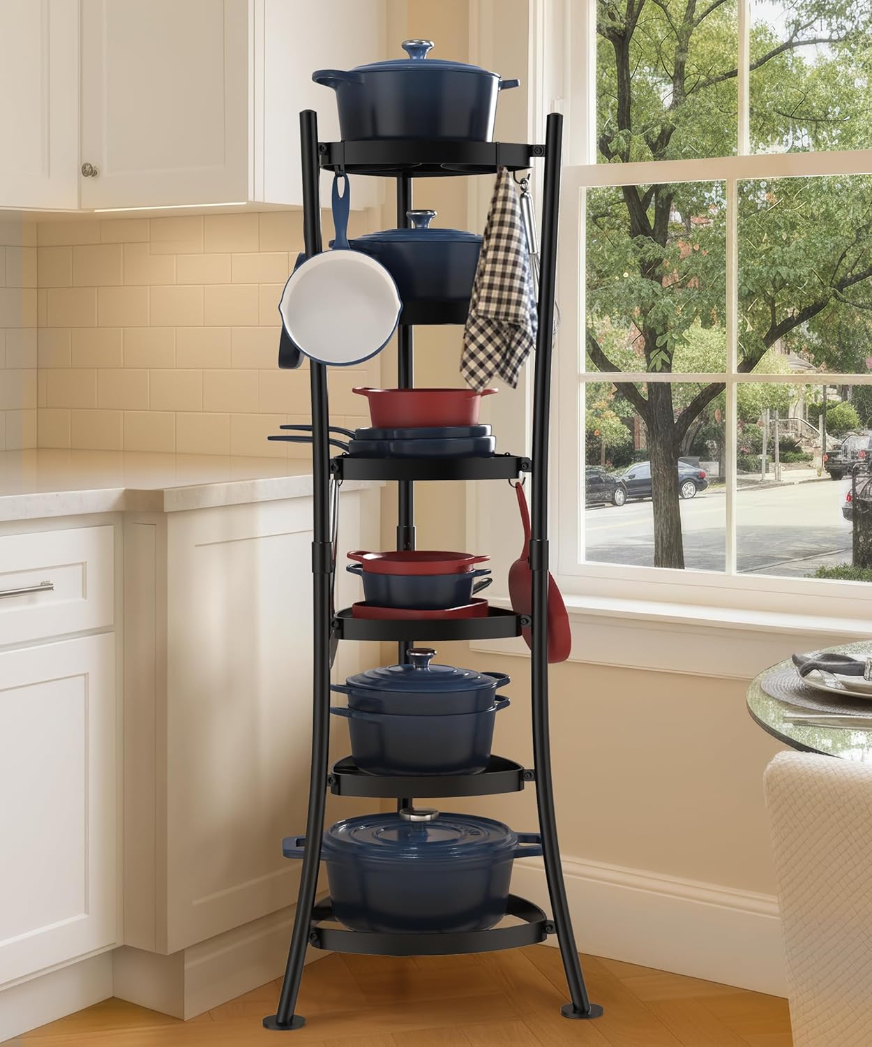 KES 264 Lbs Capacity Freestanding Pot Rack, 6-Tier Cast Iron Cookware Stand with 6 Hooks, Pots and Pans Storage Tower for Kitchen, Stable Base, Anti-tip Strap & Floor Protectors Black, KUR531S6-BK
