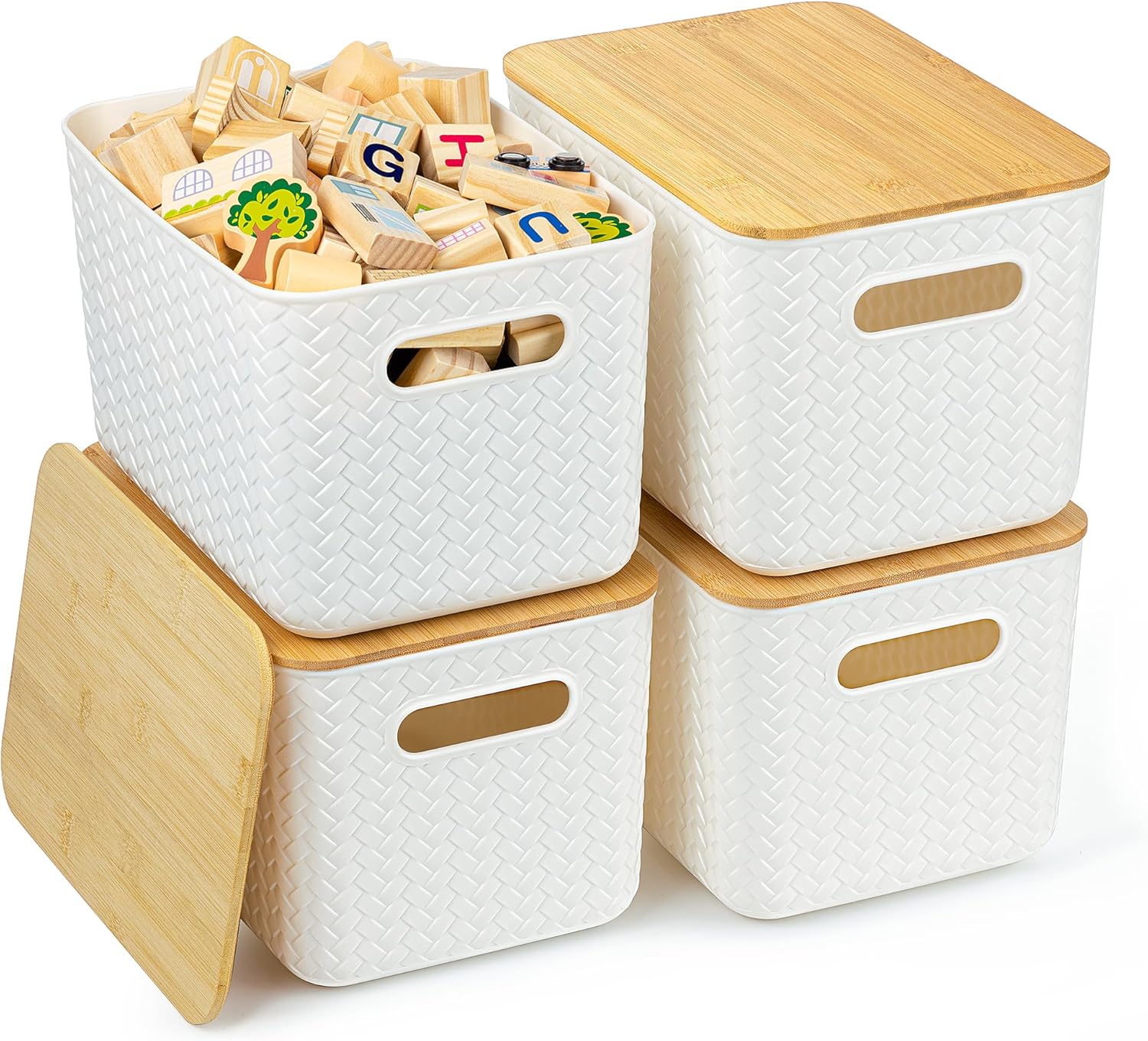 4 Packs Storage Bins with Bamboo Lids - Plastic Storage Containers with Lids Stackable Storage Box：Storages Baskets for Organizing Desktop Closet Playroom Classroom Office,White