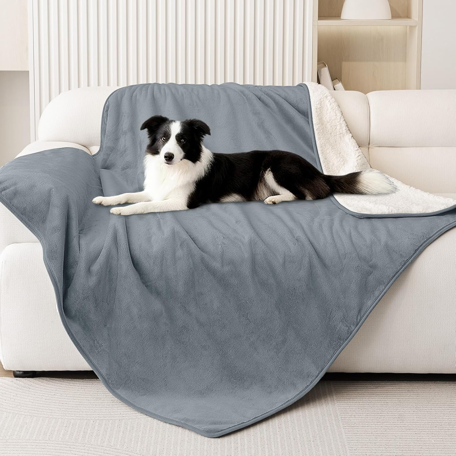 Smiry Waterproof Dog Bed Blanket, Leakproof Pet Throw Blanket for Bed Couch Sofa, Reversible Sherpa Fleece Furniture Protector Cover for Small Medium Large Dogs Cats (Grey, 50x60 inches)
